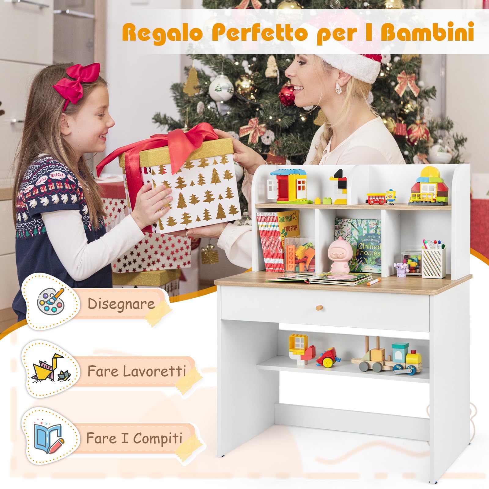COSTWAY Scrivania in Legno 80 x 48 x 102 cm per Bambini 3+ Anni, Scrivania Cameretta Bambina con 5 Mensole, 1 Cassetto, Spazio di Lavoro e Angoli Arrotondati, Ideale per Studio e Disegno (Naturale)