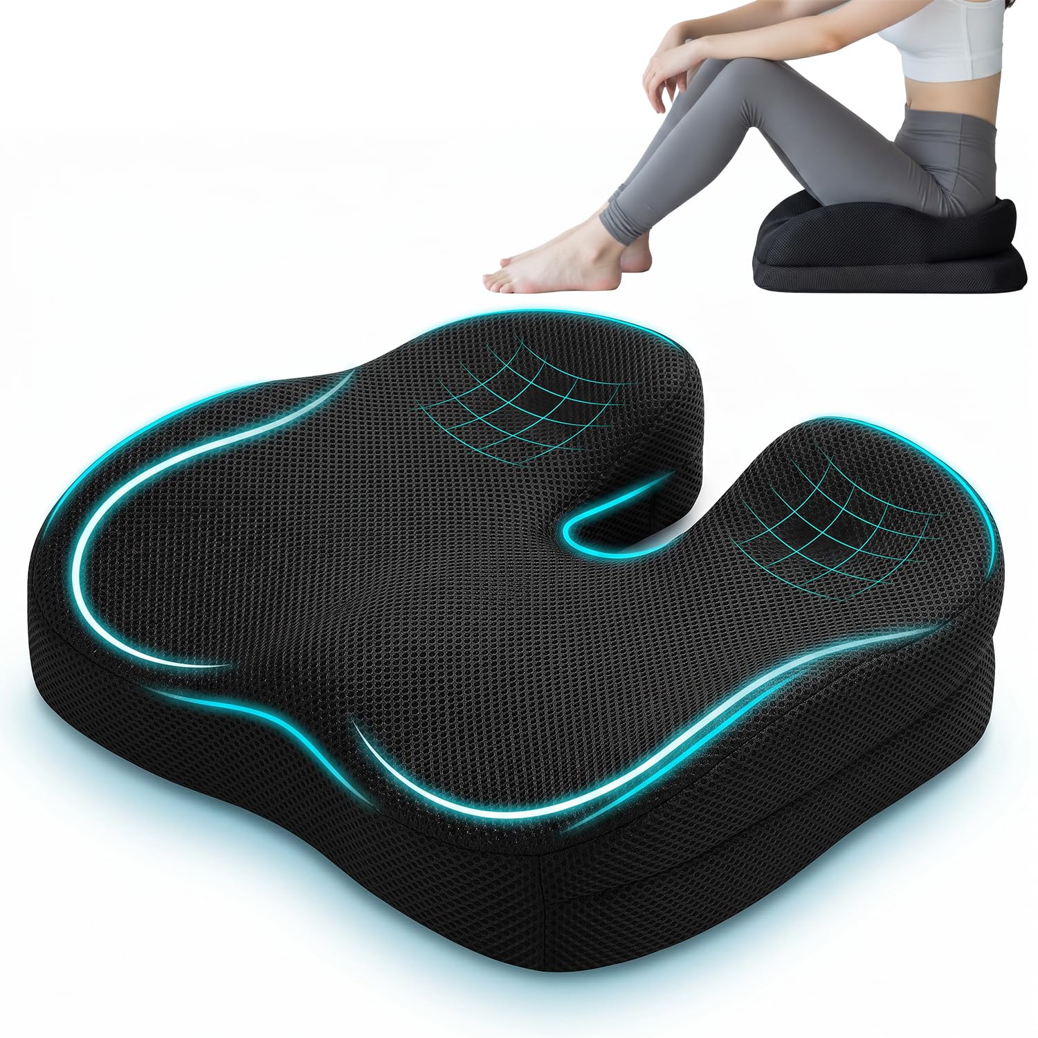 Chemlliy Dual-Layer Memory Foam Seat Cushion, Ergonomic Office Chair Cushion Car Seat Cushion for Long Sitting, Coccyx Cushion for Sciatica & Tailbone Pain Relief Desk Chair Cushion