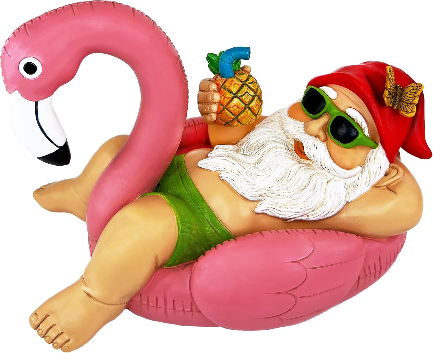 Mood Lab Garden Gnome on Flamingo - Funny Gnome Figurine - 8 Inch Depth Lawn Statue - for Outdoor or House Decor