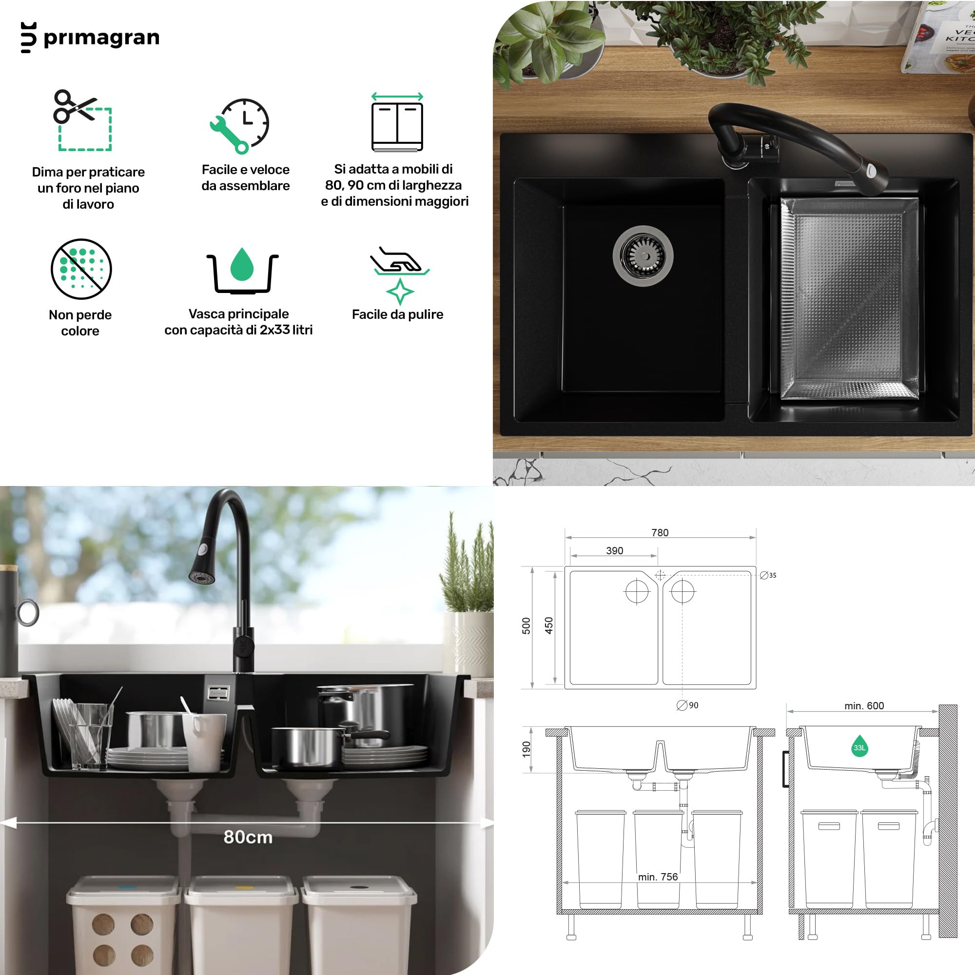 PRIMAGRAN Lavandino da Cucina al Mobile 80cm + Rubinetto, 78x50cm