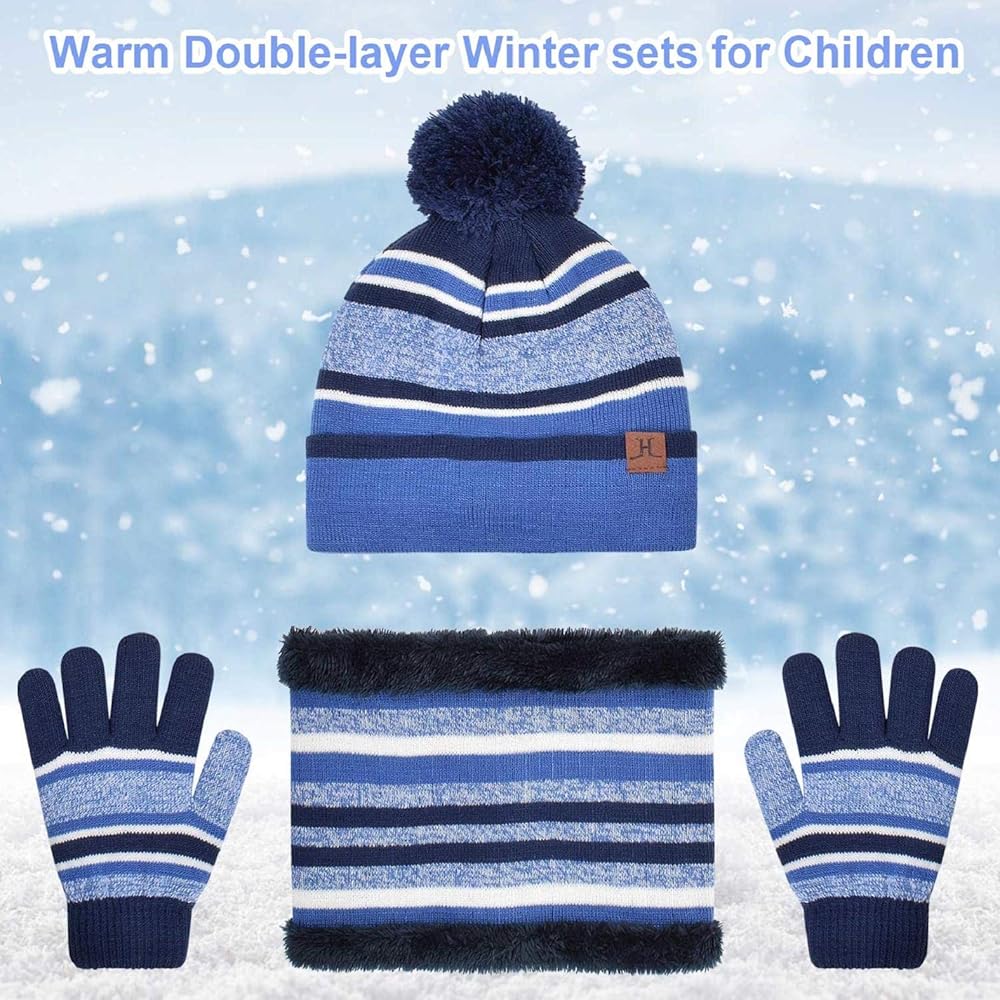 Yuson Girl3 Pcs Kids Winter Stripe Knitted Bobble Beanie Hat | INDIA