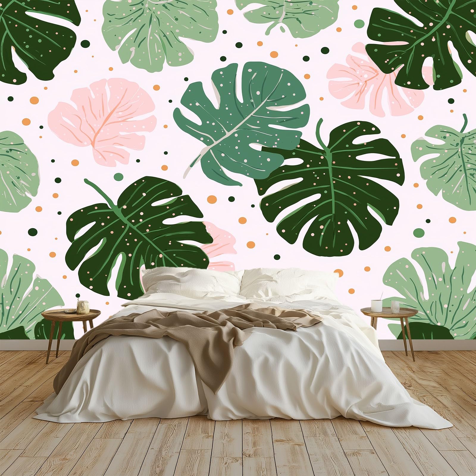Profesjonalna tapeta z włókniny 200 x 140 cm, odporna na zabrudzenia tapeta do kuchni i jadalni, dekoracja ścienna nordycka biała tropikalna monstera kropki