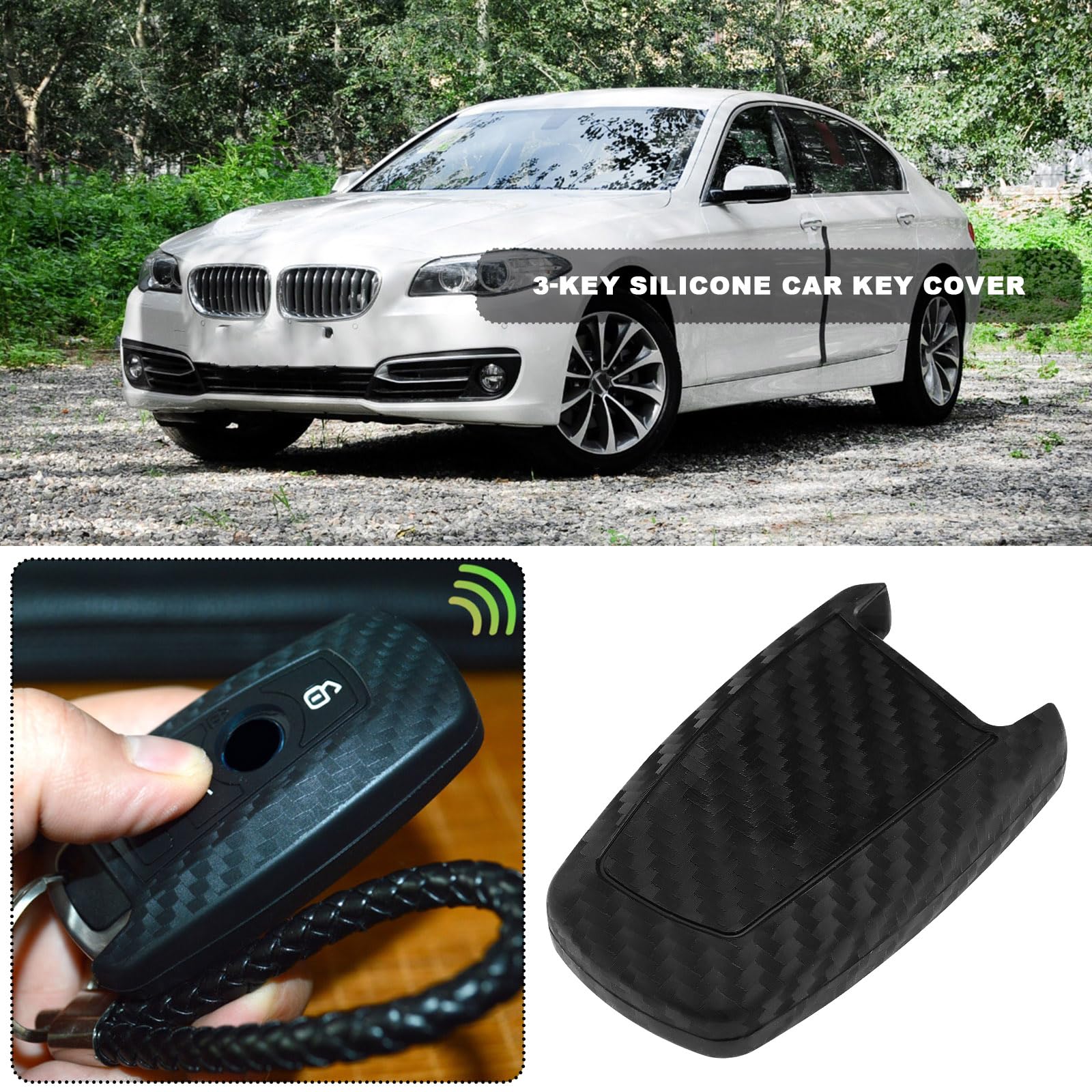 EMSea 2pcs Carbon Fiber Pattern Soft Silicone Key Fob Shell Silicone Car Key Cover 3-Key Silicone Car Key Shell Compatible with BMW 1 3 5 7 Series - Image 2