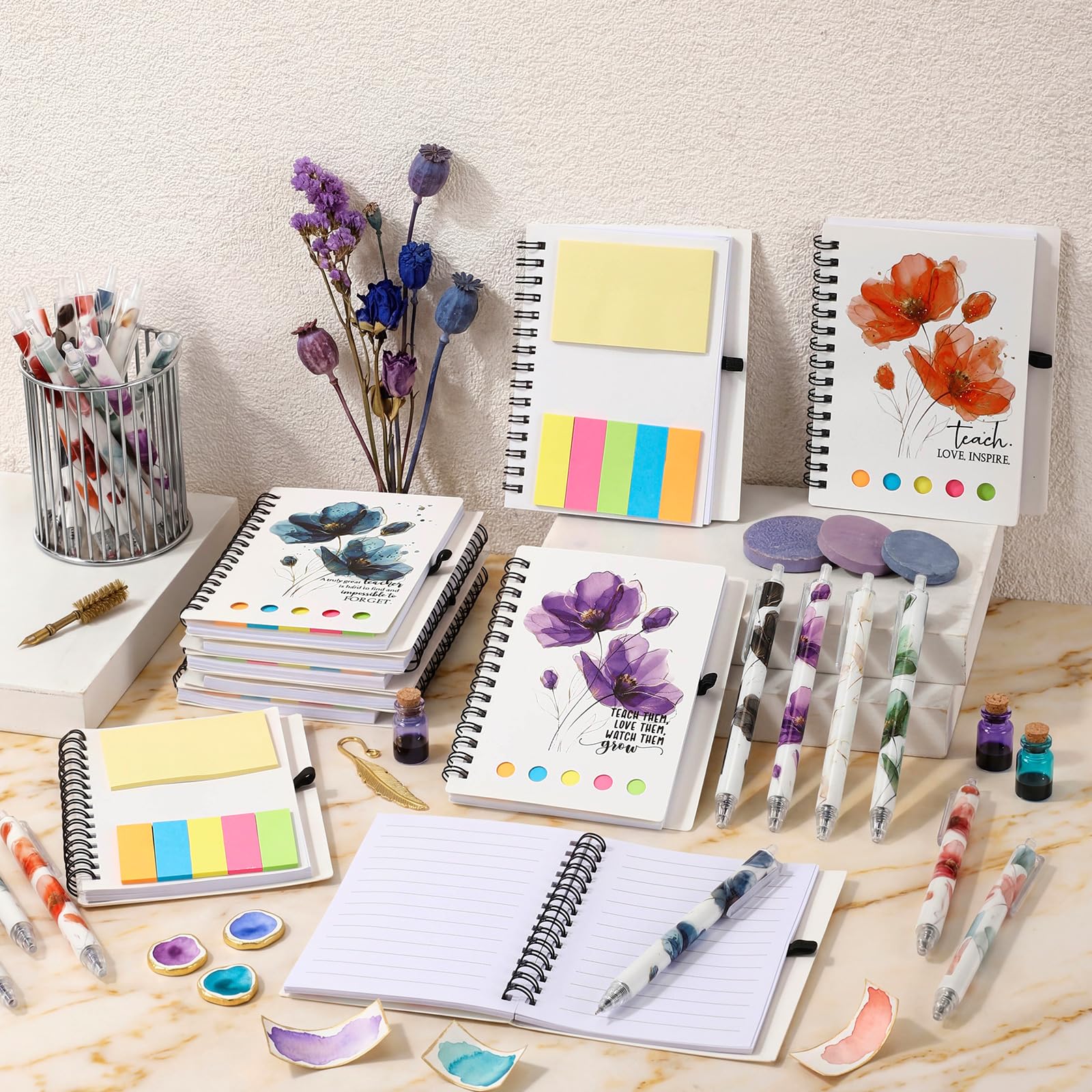 Glenmal Set di 50 quaderni a spirale per insegnanti e dipendenti, regalo di ringraziamento per insegnanti di studenti, con penne in bambù per forniture per ufficio
