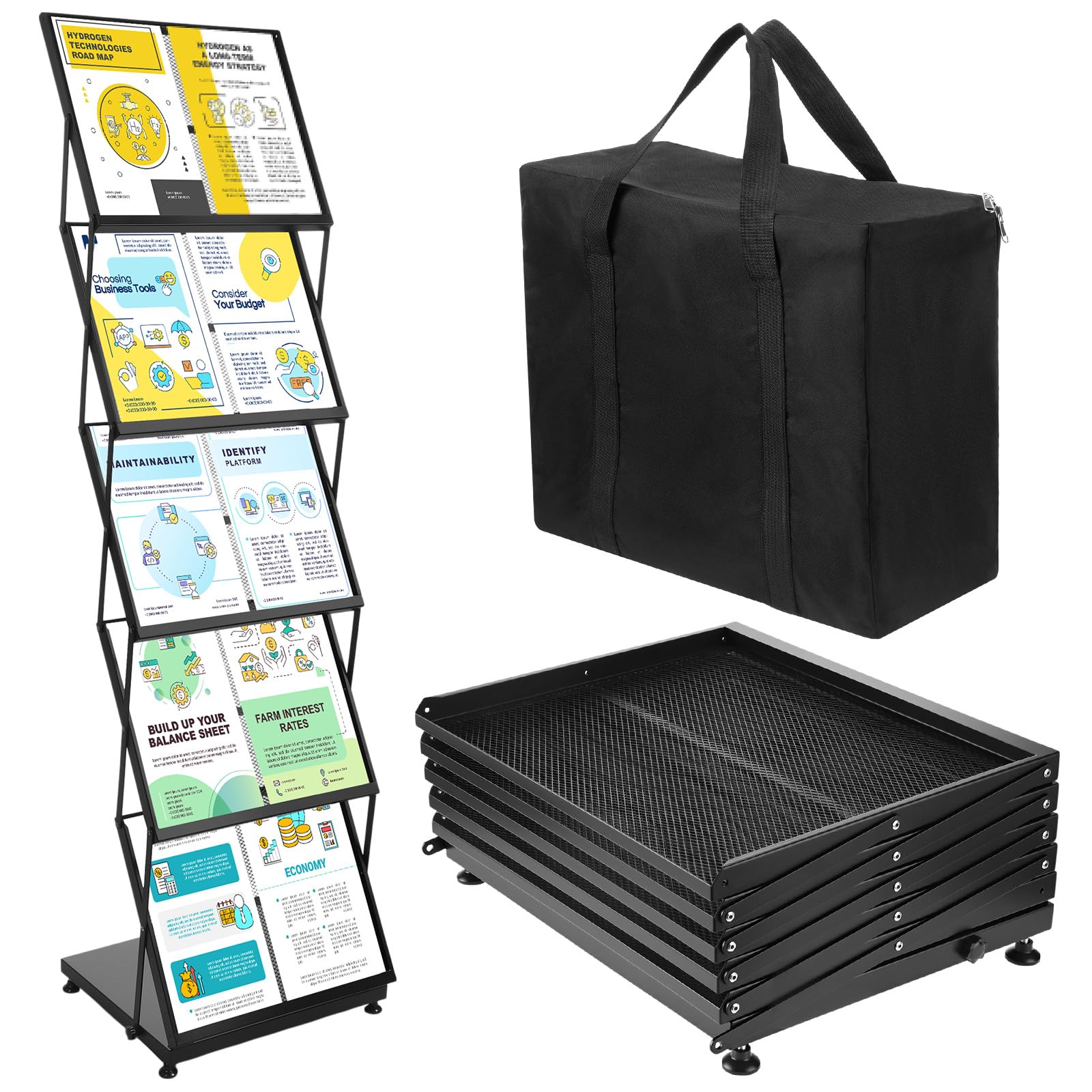 AmazingSpark Faltbarer Zeitschriftenständer mit 5 Ebenen, tragbarer Prospektständer, Literaturmagazin-Präsentationsständer, schwarzes Metall, 10 Taschen, doppelte A4-Größe, mit Tragetasche, für Messe