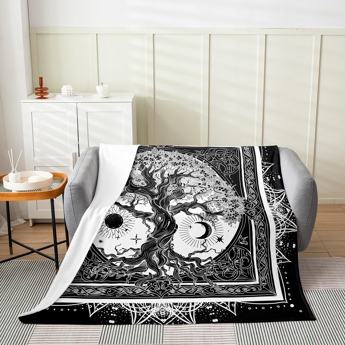 Feelyou Tree of Life All Season Bed Blanket Queen 90"x90" Sun and Moon Flannel Fleece Throw Blanket for Kids Psychedelic Galaxy Plush Blanket Teens Decor Constellations White Black Fuzzy Blanket