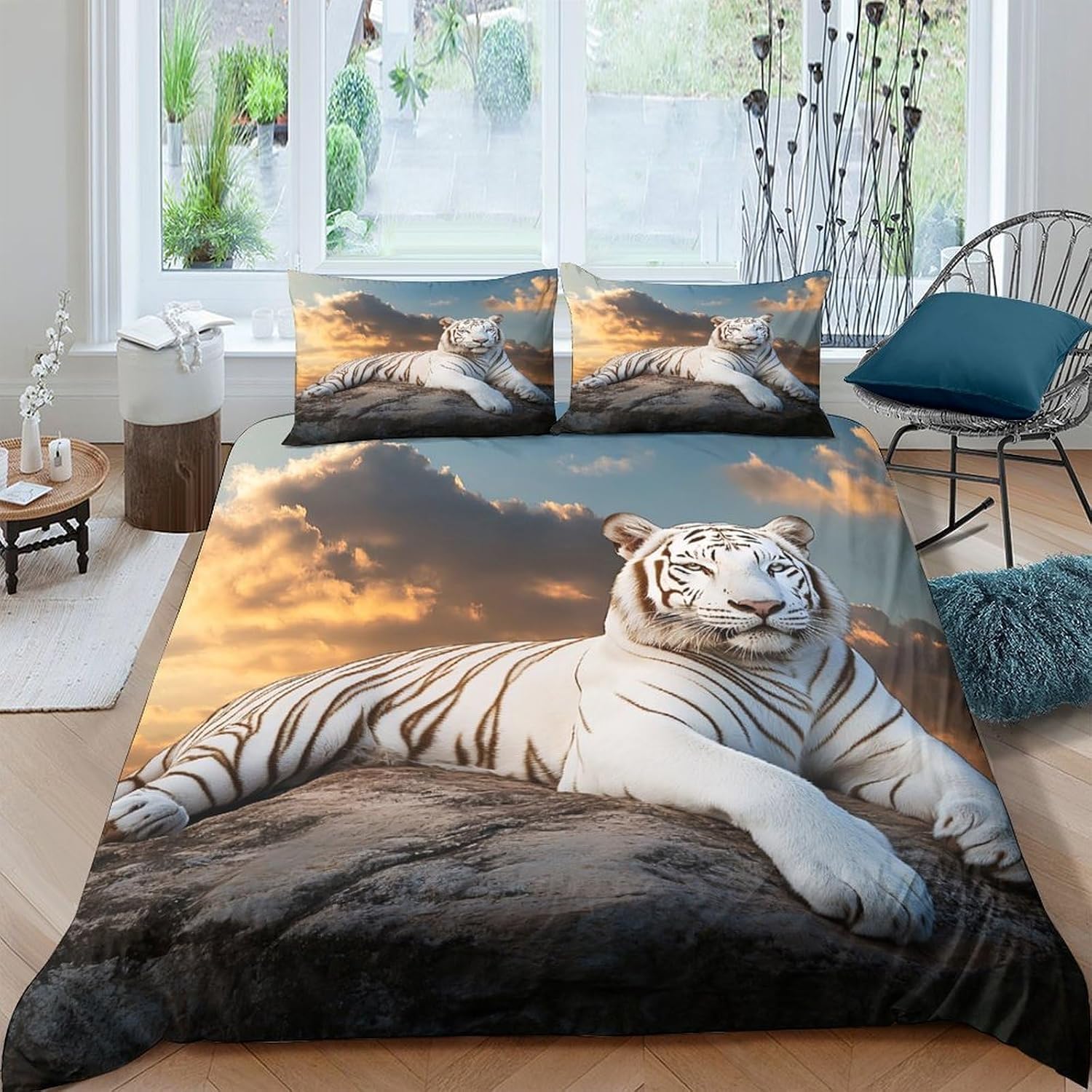 Funda Nordica Cama 135/150 Estampado de Tigre Ropa de Cama 3D Animales Salvajes 3 Piezas Suave Transpirable Microfibra Funda Nórdica 240x220 cm y 2 Fundas de Almohada 50x75 cm D.234
