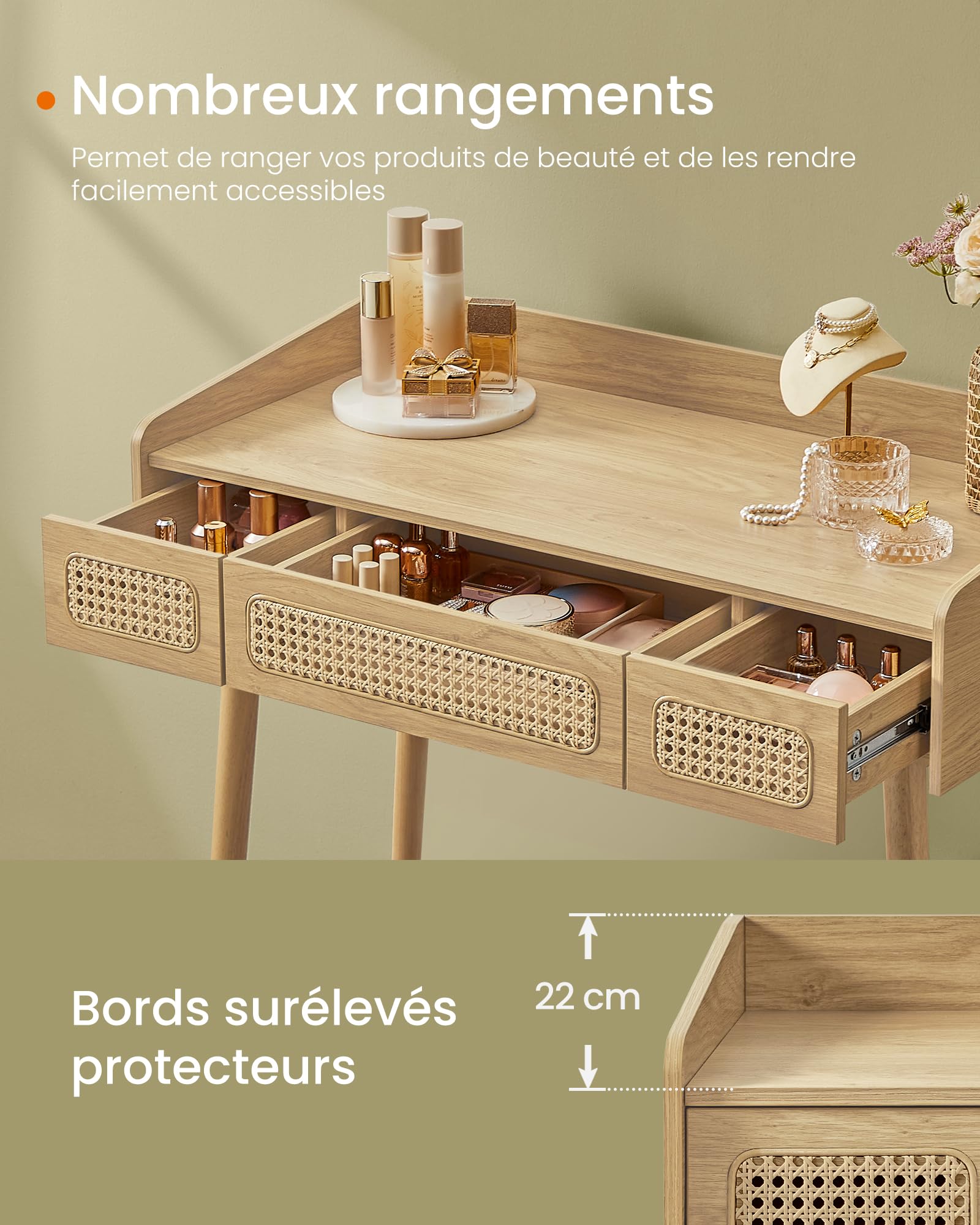 Open drawers of the vanity table, highlighting the internal compartments and raised edges.