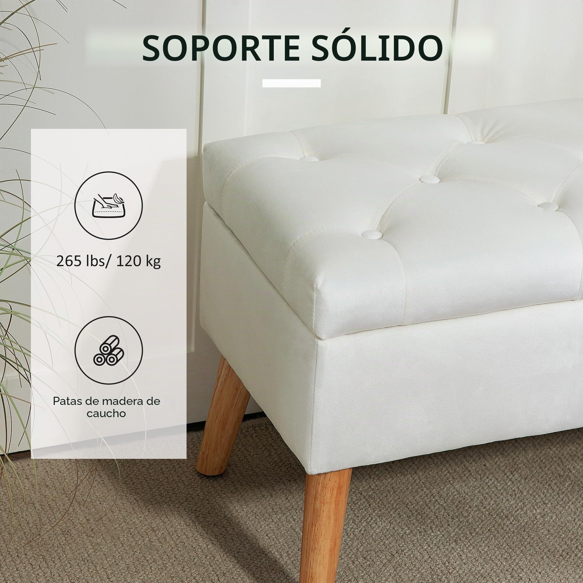 HOMCOM Banco de Almacenamiento con cojín y Tapa, 80x35x42 cm, Blanco | Banco de cama con aspecto terciopelo, para pasillo, dormitorio, salón, madera de caucho.