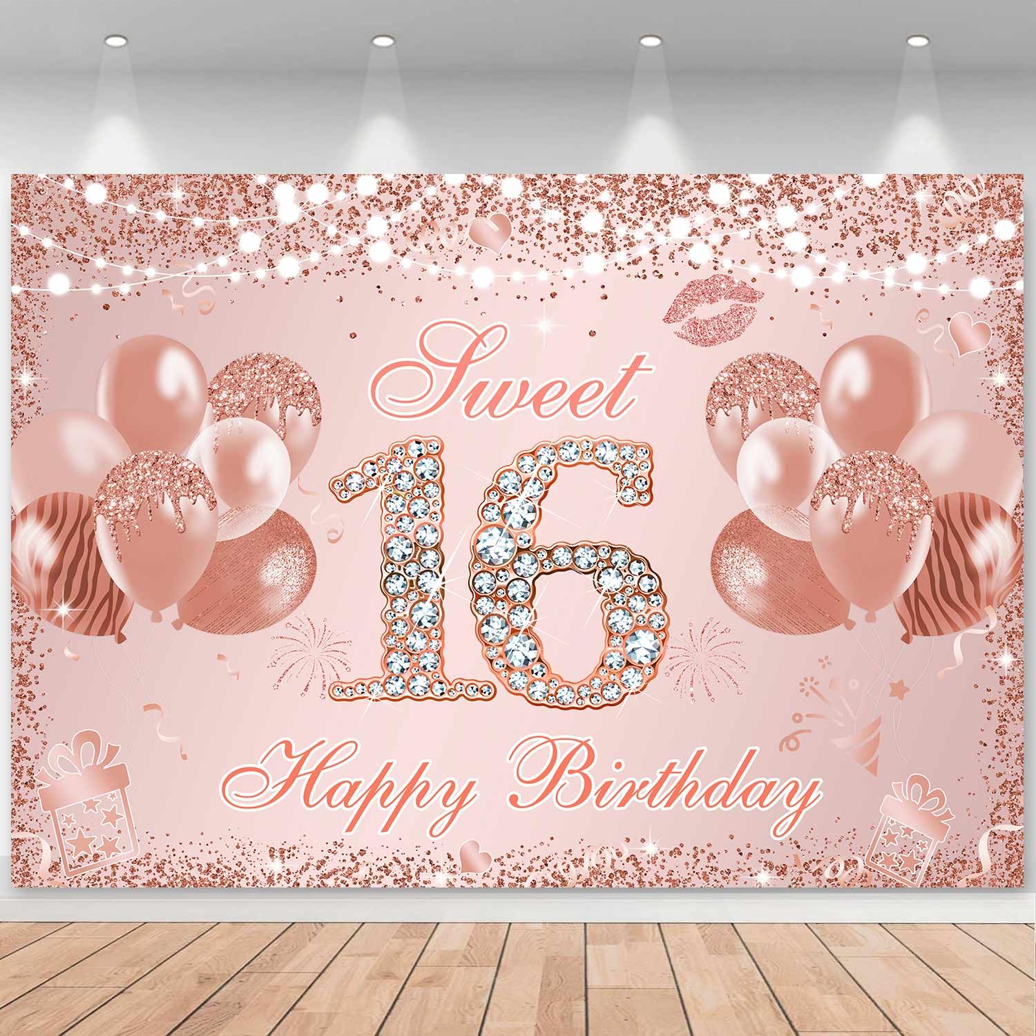 Ayayiya Sweet 16 Birthday Banner Pink Rose Gold Sweet Sixteen Party Decorations Sweet 16 Backdrop Glitter Dots Balloon Girls 16 Year Old Birthday
