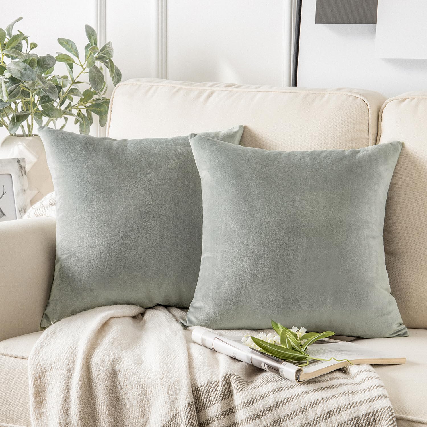 Phantoscope Pack of 2 Velvet Decorative Throw Decorative Pillow Cover Soft Solid Square Cushion Case for Couch Mist Grey 18 x 18 inches 45 x 45 cm