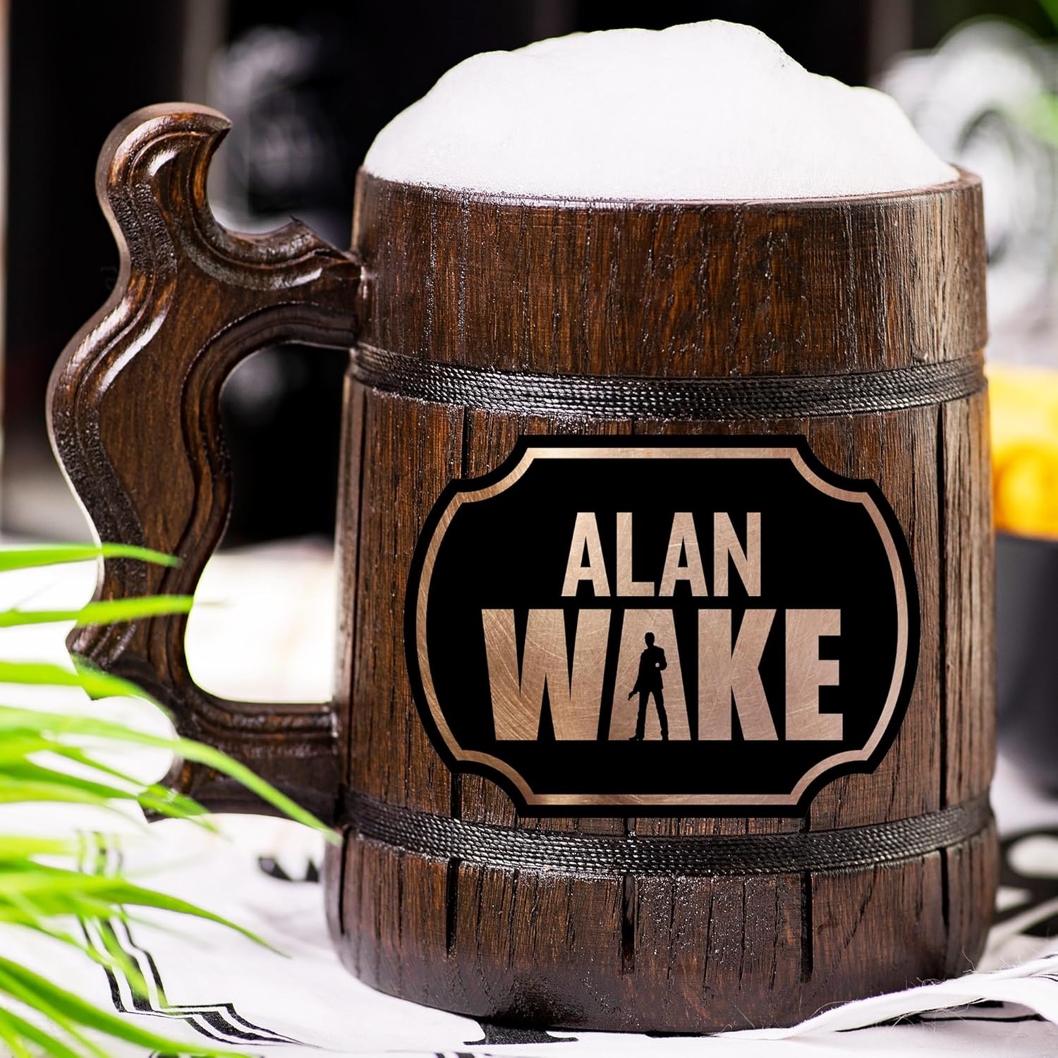 Alan Wake Beer Mug, Personalized Stein, Wooden Tankard