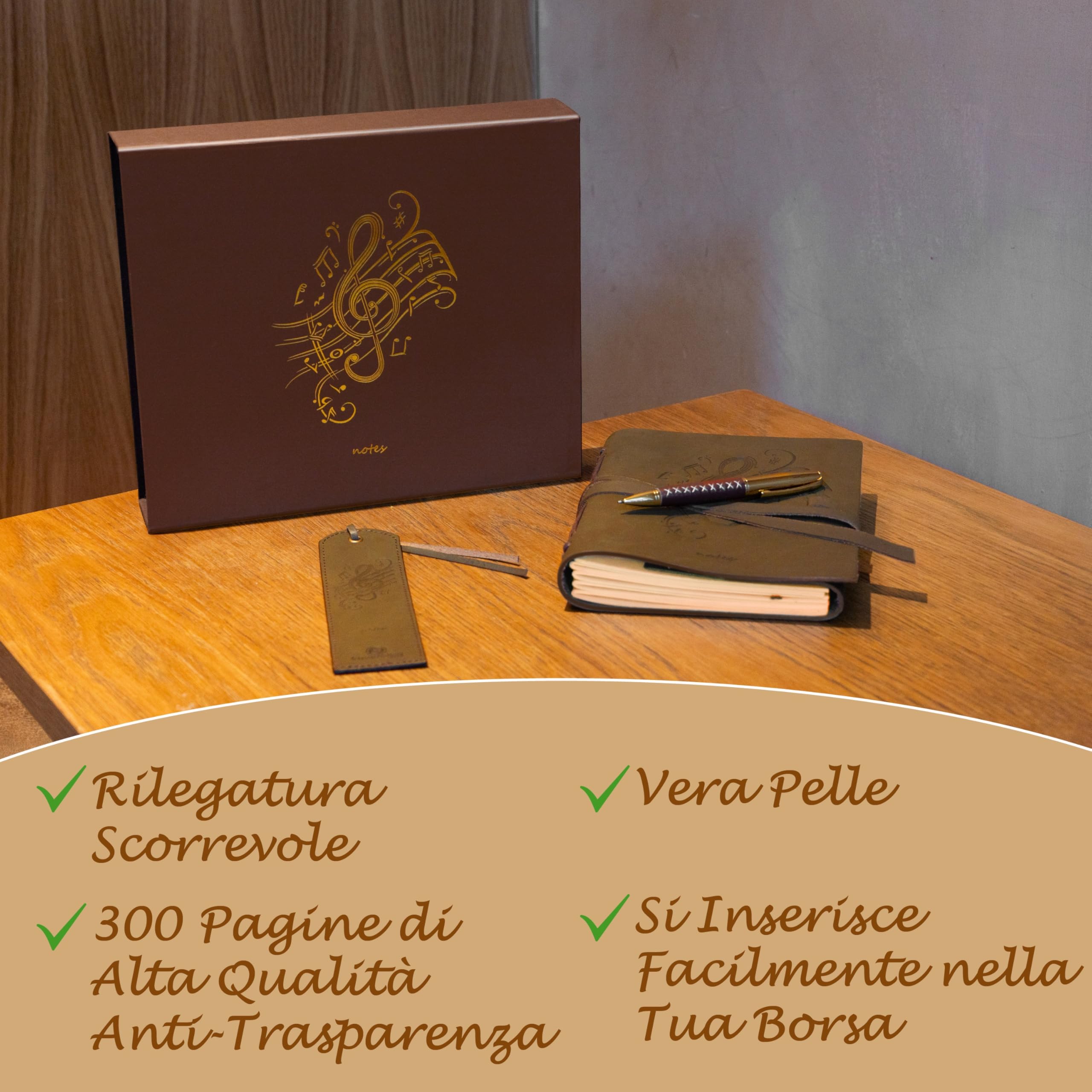 Leather Journal Embossed Music Gift Set + Antique Leather Bookmark + Pen, Handmade Writing Notebook 8x6 Inches Unlined Leather Bound Daily Notepad For Men For Women, Luxury Gift Box Diary for all ages