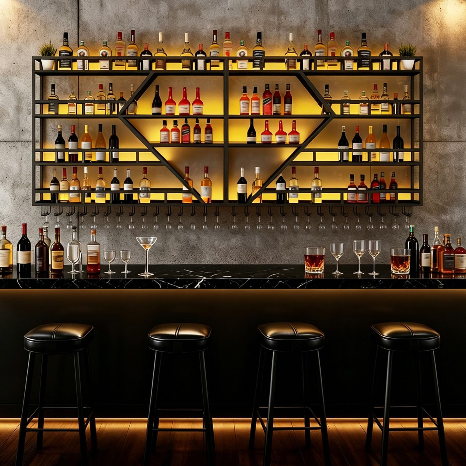Weinregal zur Wandmontage mit Wein Glashalter, 3 Lagiger Großes Industriell Schwebende Wandmontage Weinflaschenhalter, Bar Multifunktionaler Weinpareite Display Rack (Schwarz, 4 Tier,200cm)
