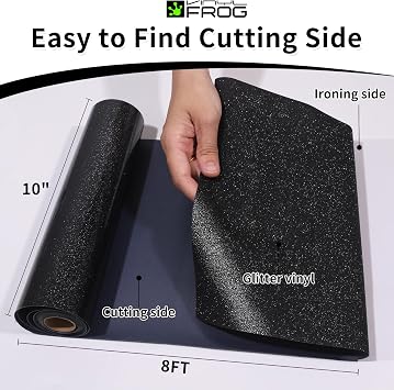 VINYL FROG Black Glitter HTV Vinyl Roll 10'' x 8ft Black Glitter Iron on Vinyl for All Cutting Machine Sparkly Heat Transfer Vinyl for T-Shirts & DIY Craft Gifts, Easy to Cut, Weed & Transfer