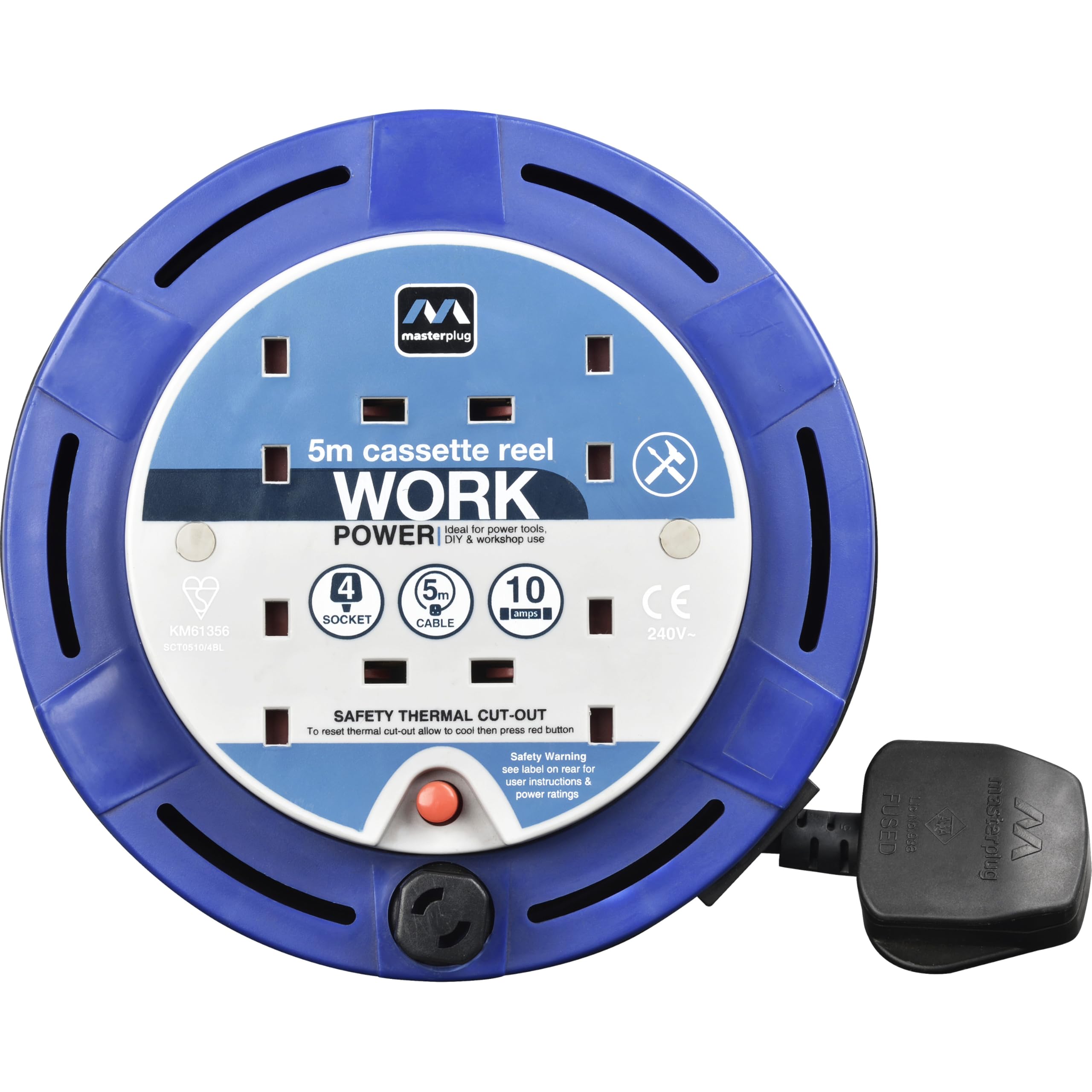 Masterplug Four Socket Retractable Small Cassette Reel, Extension Lead Cable Reel, Wind-Up Power Cord Reel, Thermal Cut Out, 5 Metre Cable, Work Power, Blue/Black, 10A, 4G, 5m, SCT0510/4BL