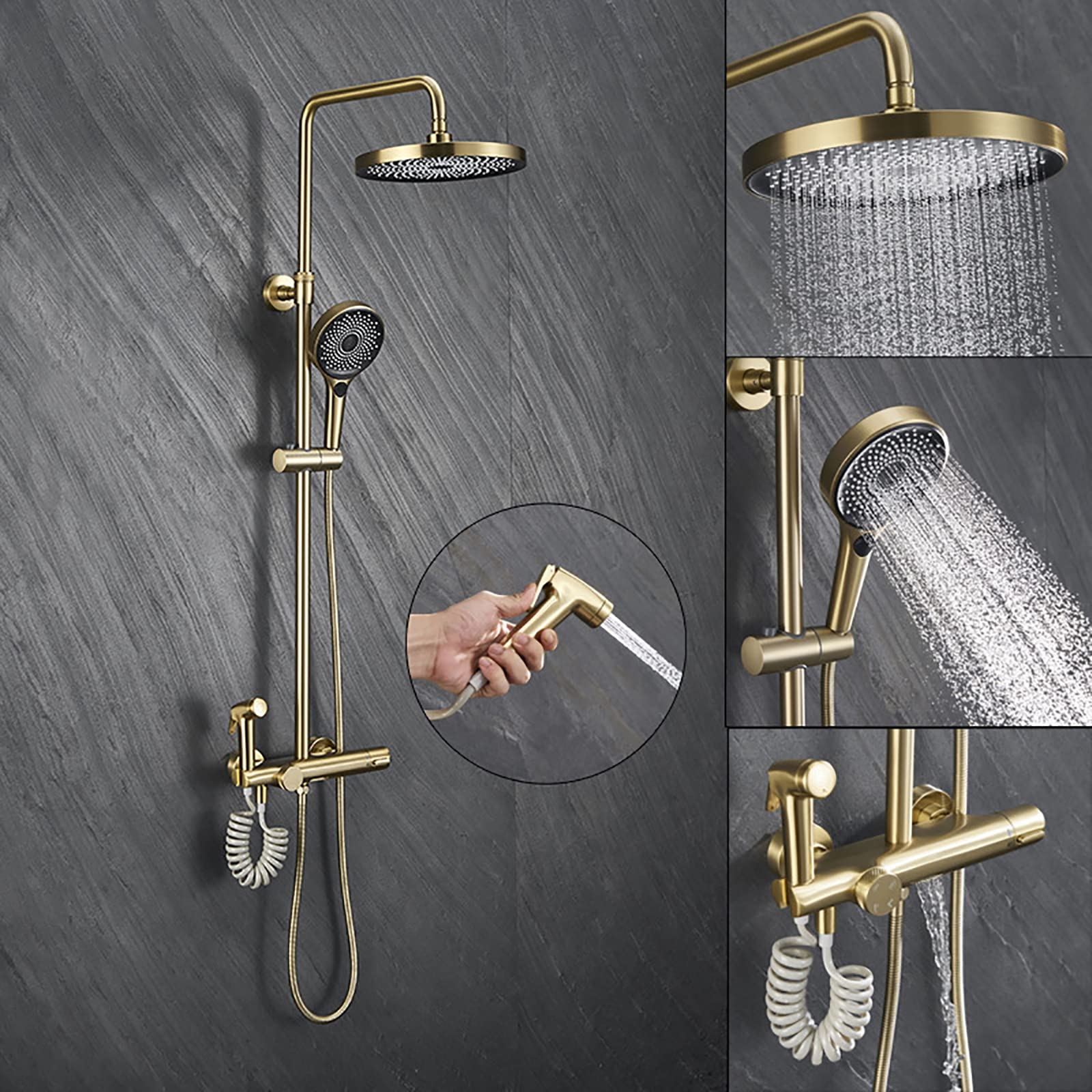 Sistema Doccia a Pioggia con soffione da 10 Pollici, Set Rubinetto termostatico a Parete, Cascata in Ottone, beccuccio per Vasca, doccetta a 3 modalità, Bidet S, Cromato (Nero)
