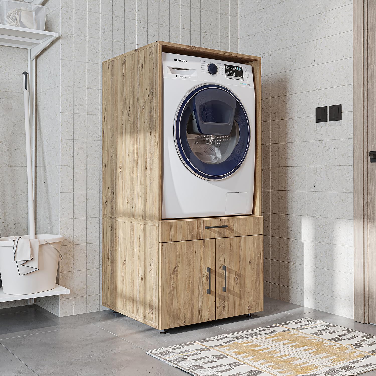 ROOMART Armoire de machine à laver avec plateau coulissant - Peu encombrante - Pratique - Idéale pour la buanderie (blanc, 1 armoire - (184 cm de haut