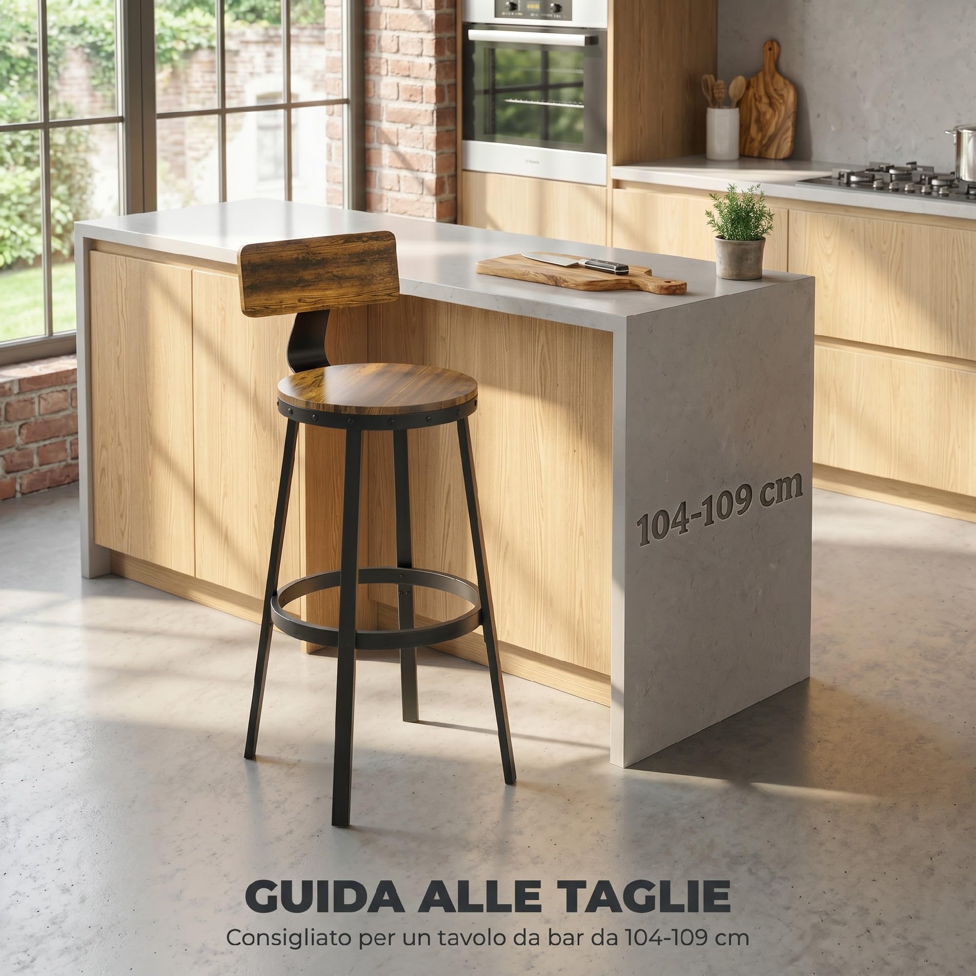 HOMCOM Set 2 Sgabelli Bar Cucina, Schienale, 73.8cm, Marrone Rustico | Industriali, Poggiapiedi, Struttura in Metallo, Sedie Alte, per Penisola, Sala da Pranzo, Bancone