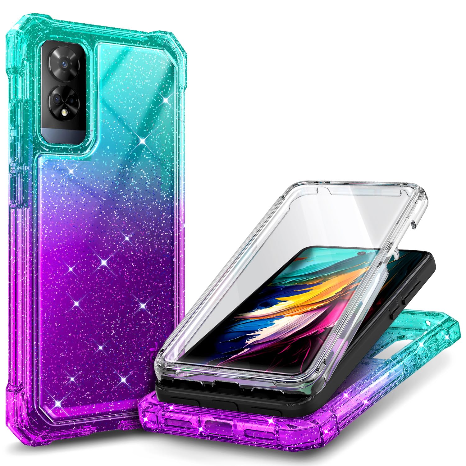 Compatible with TCL 50 XE 5G & TCL 50 XE NXTPAPER 5G Phone Case Glitter Aqua/Purple | Full-Body Protective Shockproof Rugged Bumper Cover with Screen Protector, Raised Corners Drop Protection