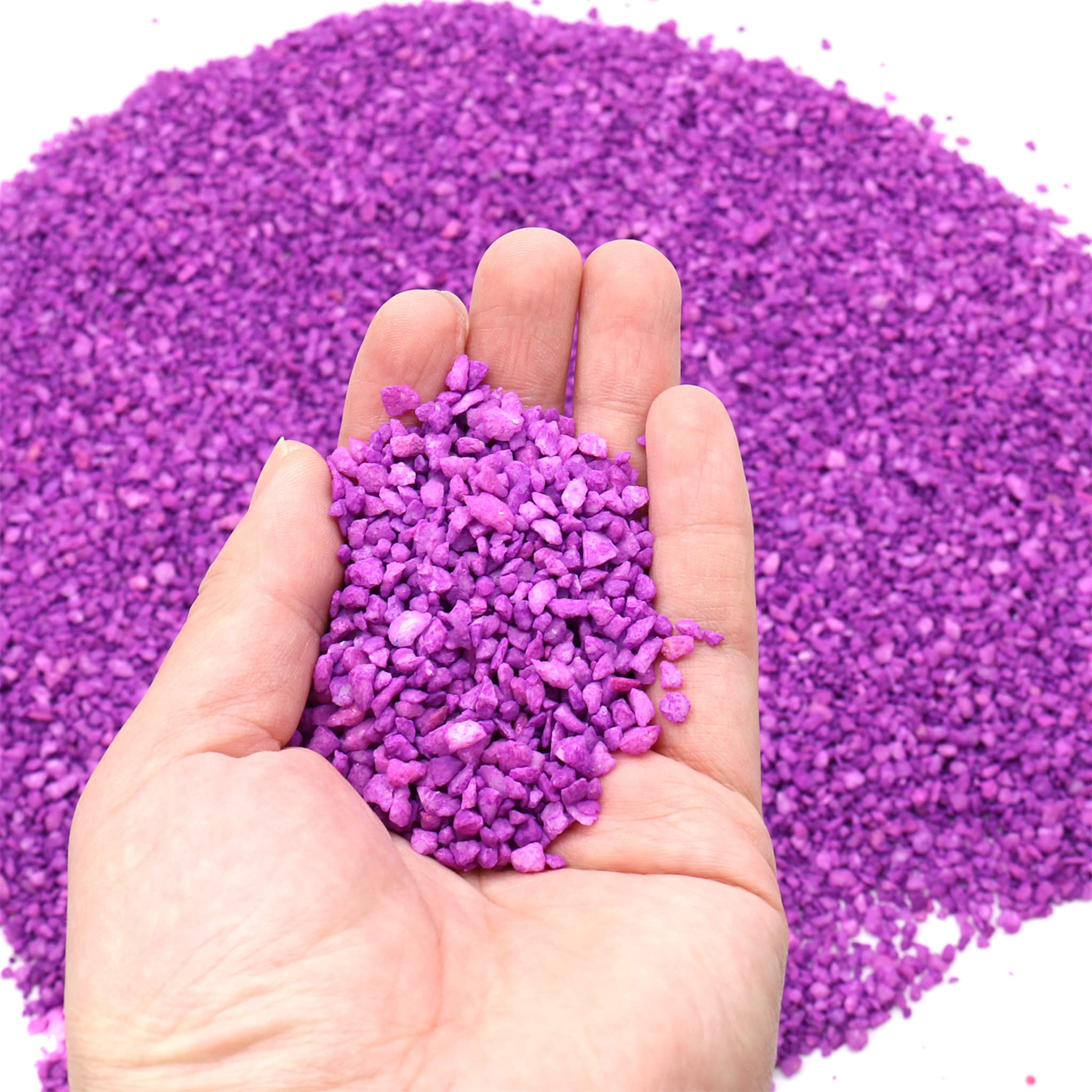 Condition photo showing As Is for purple fish tank gravel, 17 lb. bulk lavender colored aquarium pebbles, fishtank & terrarium gravel, freshwater fish aquarium colorful pebbles, potted plant, decorative aquarium substrate, vase filler