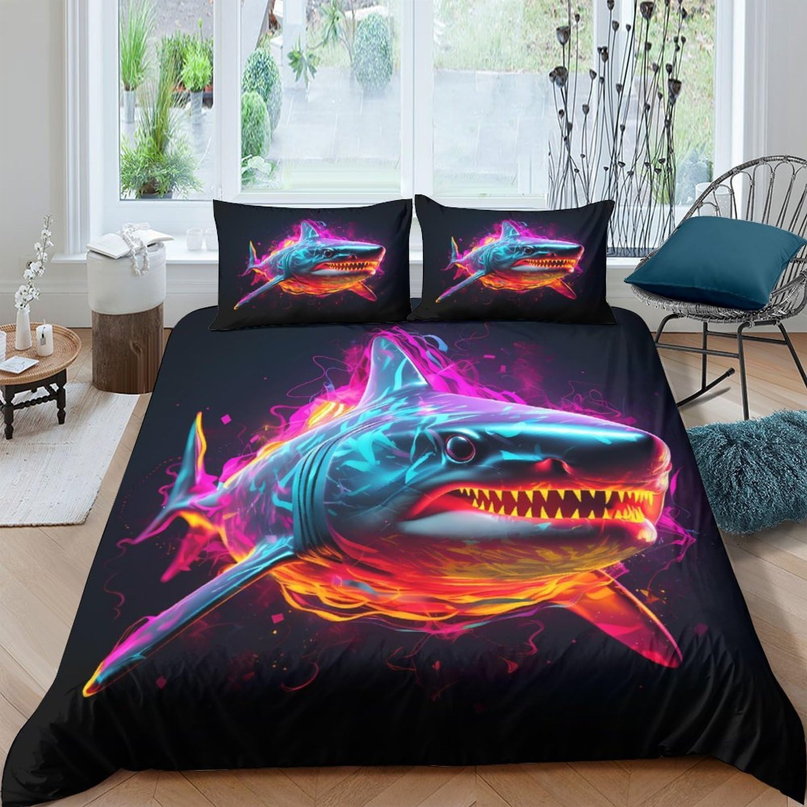 Ctjqhvkz Style-4 3D Printed Neon Shark Fitted Sheet Microfiber Soft Breathable Ocean Fire Bed Cover For Bedroom Dorm Decor Single（135X200cm）