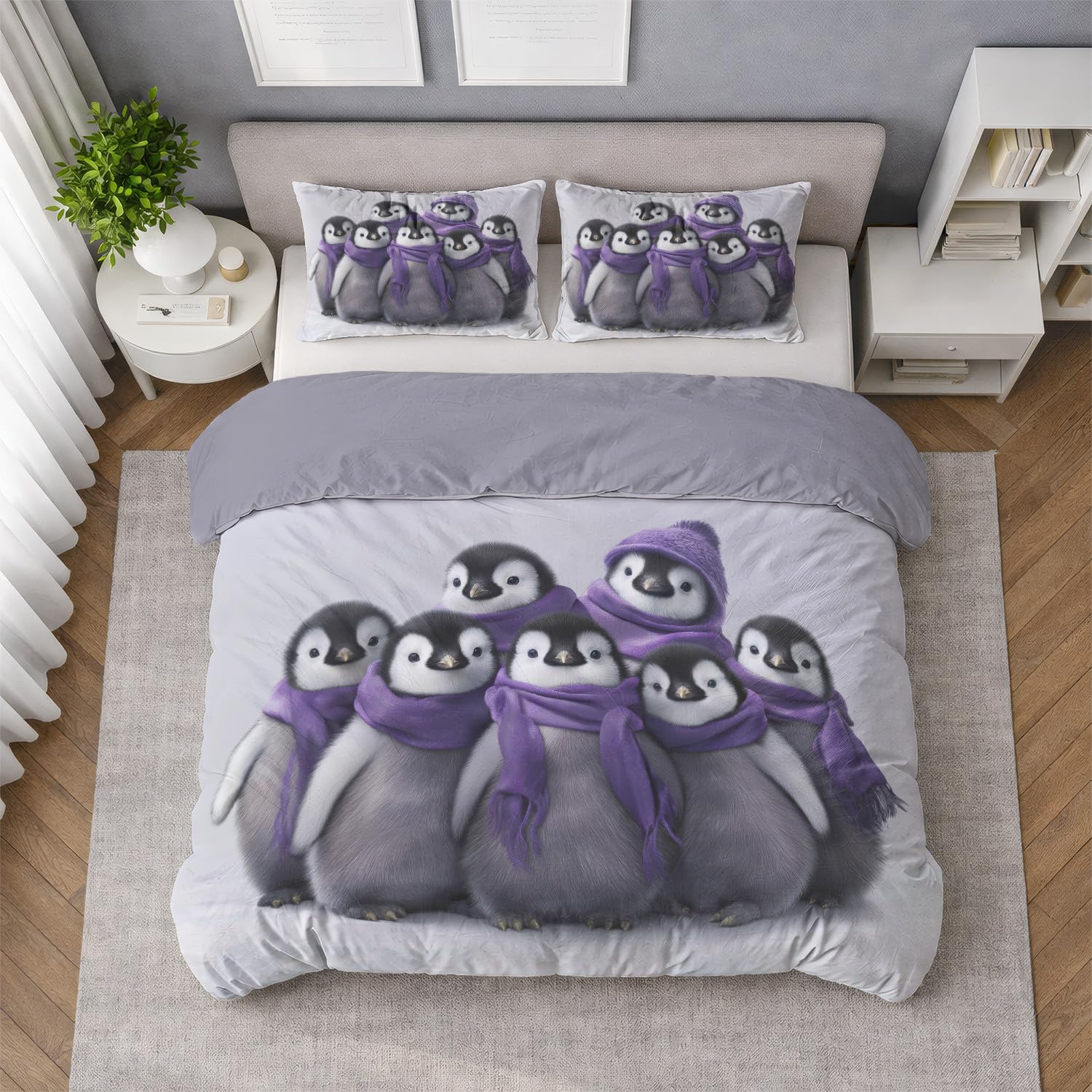 Ensembles de réversible housse de couette violette aux manchots douillets