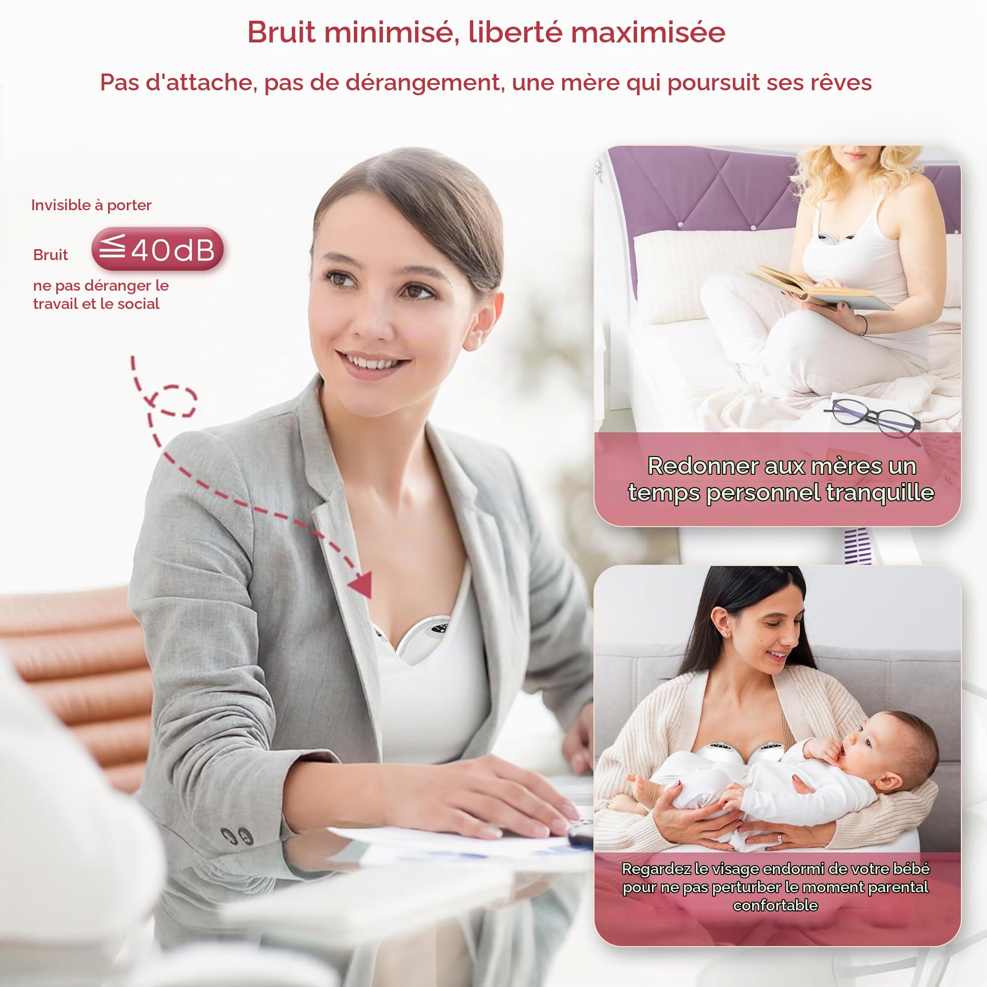 Tire-lait électrique portable, tire-lait électrique mains libres, 4 modes, 12 niveaux, bride confortable, forte puissance d'aspiration de 300 mmHg, pompage silencieux, avec accessoires de