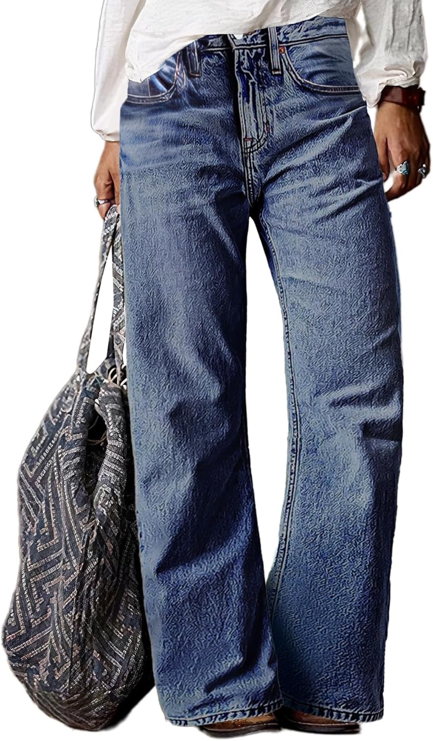 Flamingals Women’s Mid Waist Wash Stretchy Straight Leg Jeans Stylish Hem Design Casual Long Denim Pants