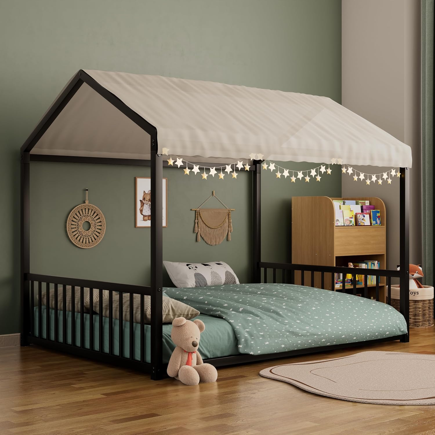 SOFTSEA Full Size Montessori House Bed, Metal Floor Bed Frame with Guardrails for Kids Teens, No Slats, No Curtains, Easy Assembly, Black