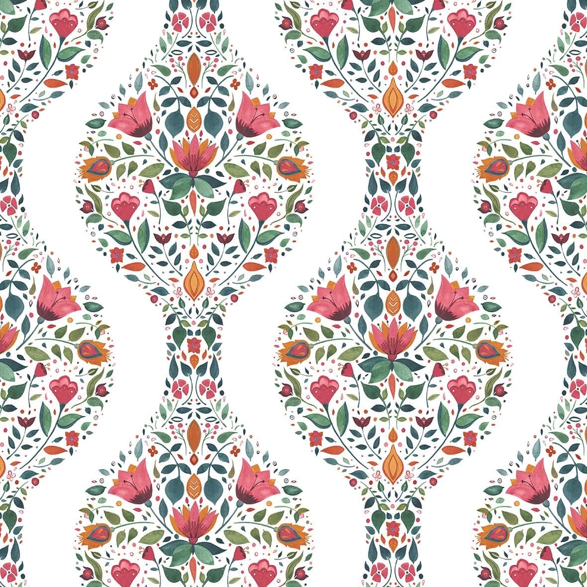 NextWall Floral Ogee Peel and Stick Wallpaper (Rose Pink & Spruce)