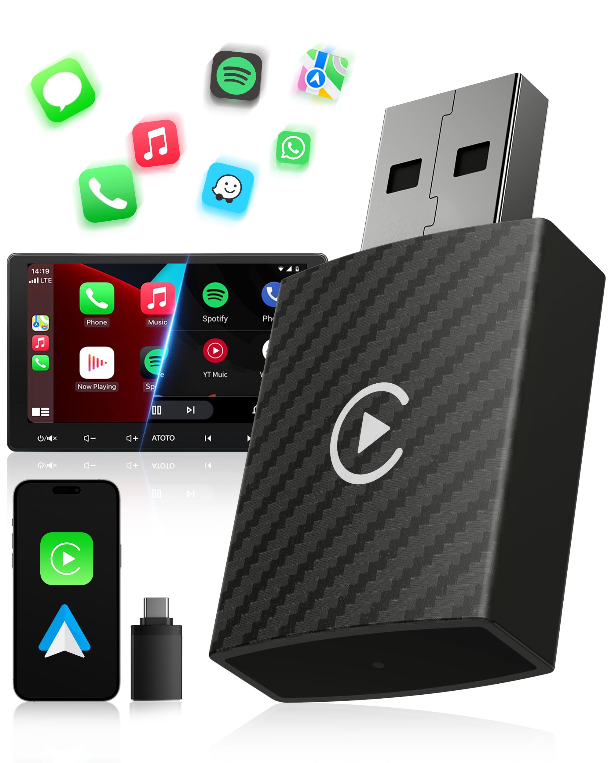 Adaptador CarPlay Inalámbrico y Android Auto Inalámbrico 2 en 1 | Bluetooth V5.3 Conexión Estable, Wi-Fi 6 de Alta Velocidad, USB A/C, para Apple iPhone iOS 10+ & Smartphone Android 11+