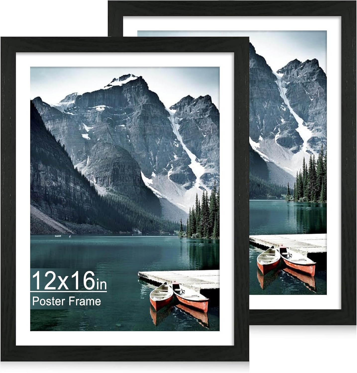 12x16 Picture Frame Set of 2, Black Wood Frame - Display 11x14 Picture Frame with Mat or 12 x 16 Without Mat, Gallery Poster Frame for Horizontal or Vertical Wall Mounting Display Black 12X16