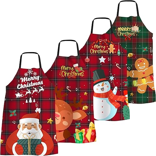 Paquete de 4 divertidos delantales de cocina de Navidad para mujeres y hombres, delantales de chef ajustables para cocinar, delantales impermeables