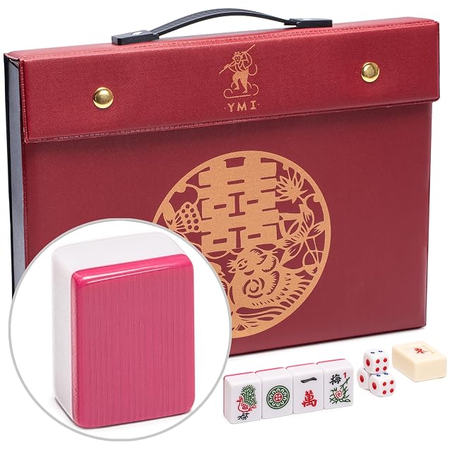 Juego de mahjong chino "Rouge Harmony" con 146 azulejos medianos, caja de vinilo rojo