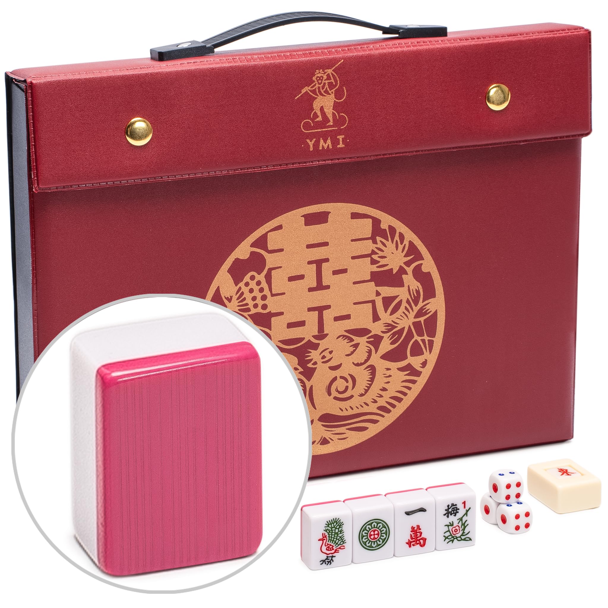 Photo 1 of [MISSING PIECES] Yellow Mountain Imports Chinese Mahjong Set - “Rouge Harmony” - with 146 Medium Tiles, Red Vinyl Case, Wind Indicator and Dice - for Chinese Style Gameplay Only [???? ????]