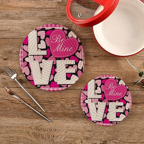 Miniatura 2 de Trivet Mat Round 2PCS Pink Heart Shape Love Lettering Woven Potholders Kitchen Table Countertop Protector Hot Mats Pads Pots Farmhouse Coasters