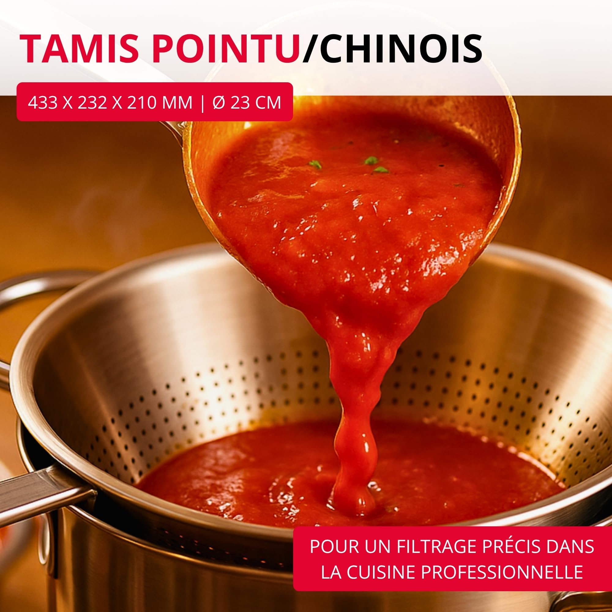 Westmark Tamis pointu Chinois Pro – passoire fine avec perforations sur tout le pourtour – passoire en acier inoxydable – parfait pour les bouillons, crèmes et sauces – argent, Ø 23 cm