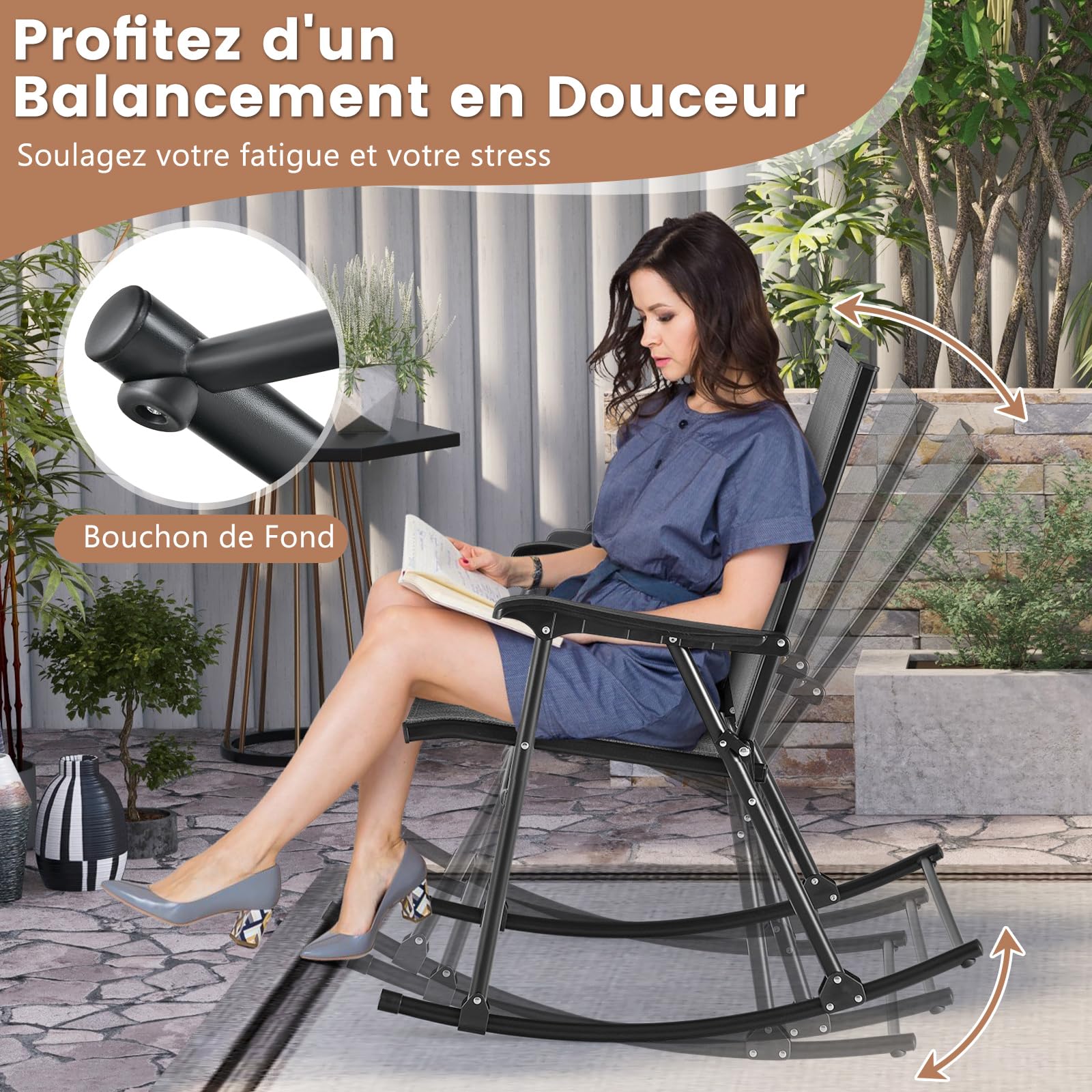 COSTWAY Lot de 2 Chaises de Jardin à Bascule Pliantes avec Siège en Tissu Respirant et Cadre en Métal, Chaises Berçantes d'Extérieur à Dossier Haut, pour Porche, Piscine, Charge 150KG(Gris)
