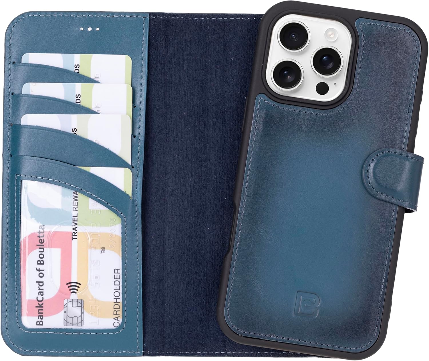 BOULETTA Premium Leather Wallet Case for iPhone 16 Pro Handcrafted, Kickstand, Magsafe Compatible, Detachable Magnetic Flip Cover, Strong Magnets, Drop/Impact Protection 6.3" Blue