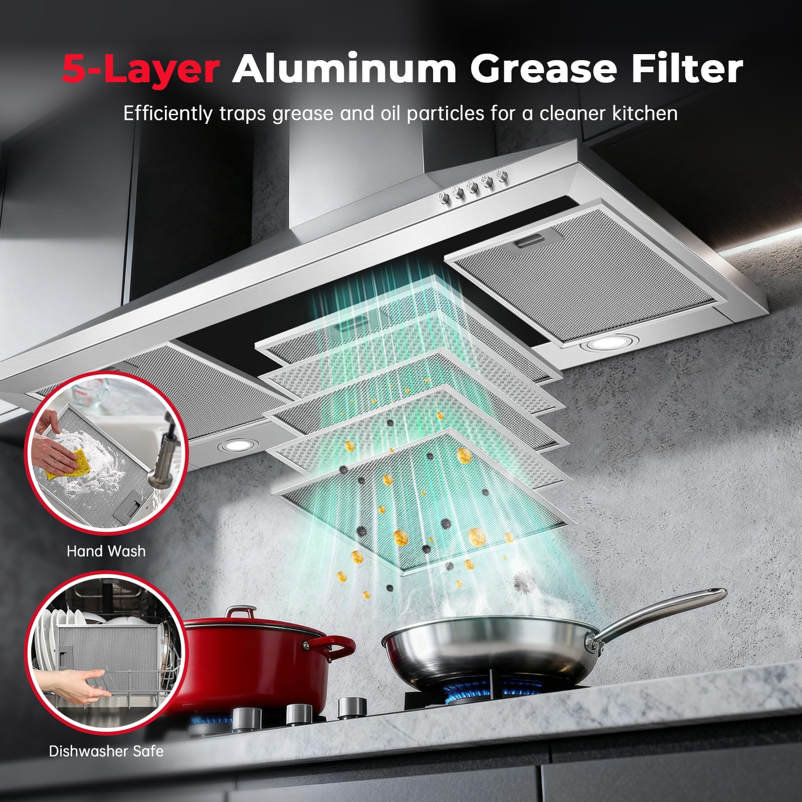 SNDOAS Chimney Cooker Hood 90cm, 400m³/h Extractor Fan for Kitchen with Carbon Filters, A+++, 3-Speed with LED Lights, Recirculating & Ducting Modes Wall Mounted Range Hood, Silver — view 7