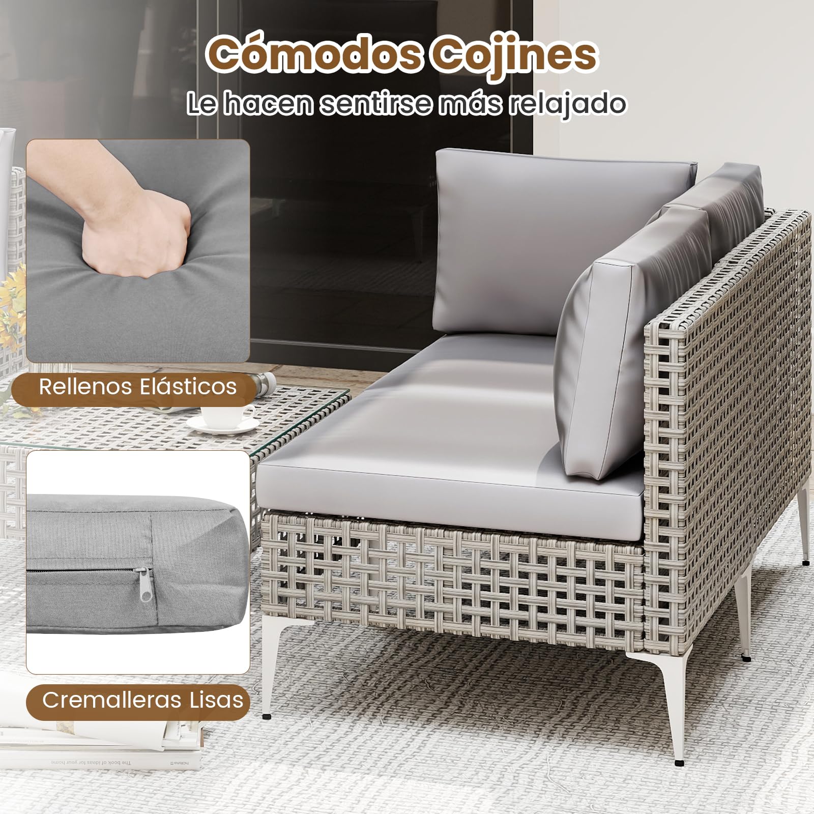 COSTWAY Conjunto Jardin Exterior 5 Piezas de Ratan PE, 1 Sillon de 2 Plazas, 2 Sofas, Mesa de Café de Cristal Templado, Cojines de Asiento y Respaldo, Mesa y Sillas Jardin Terraza Balcon (5 Piezas)