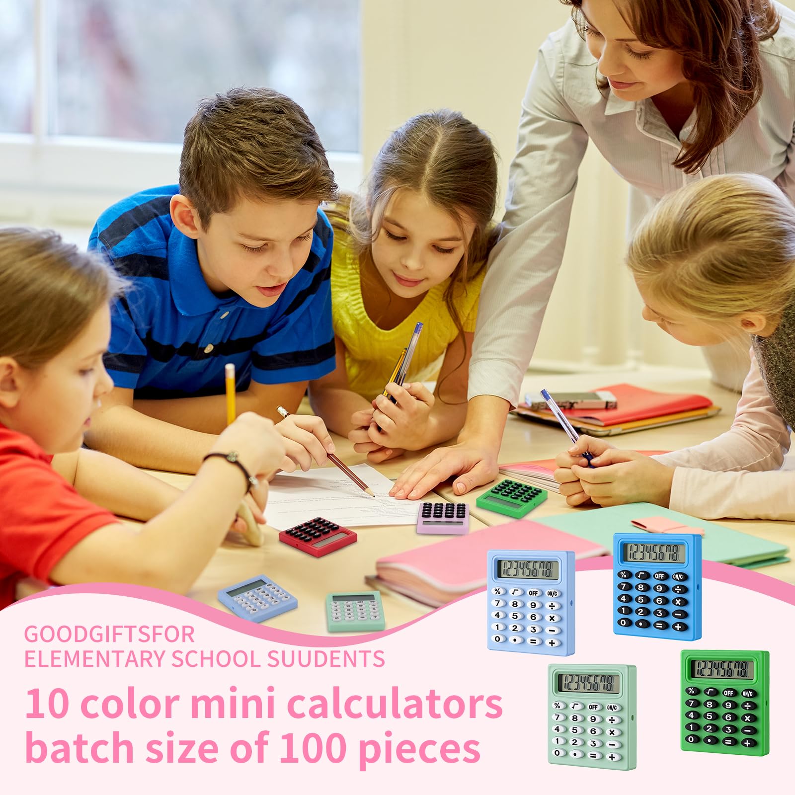 Lot de 100 petites calculatrices de poche à 8 chiffres pour étudiants, enfants, enseignants, école, bureau, maison (10 couleurs)