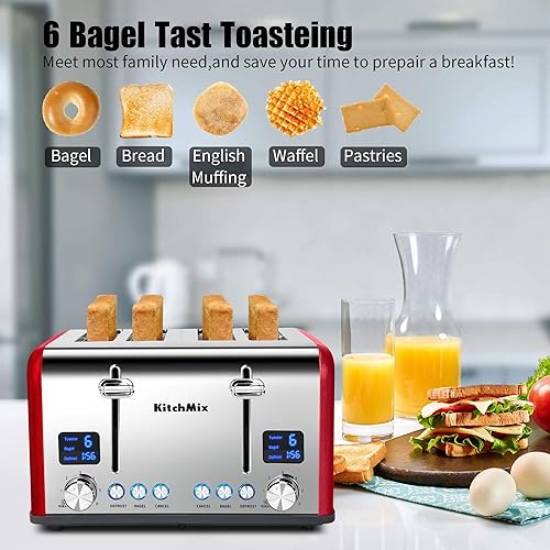 Miniatura 3 de Tostadora de acero inoxidable con temporizador LCD, ranuras extra anchas, pantalla doble, bandeja de extracción de migas (rojo)