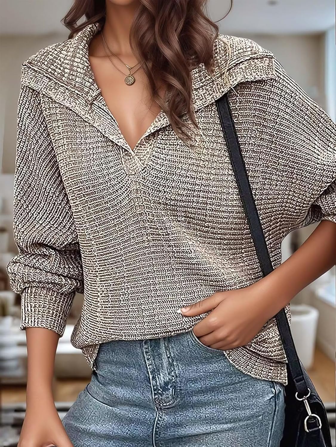 Flamingals Women's Long Sleeve Lapel Collared V Neck Sweaters Ribbed Knit Business Dressy Casual Pullover Sweater Tops - Image 2