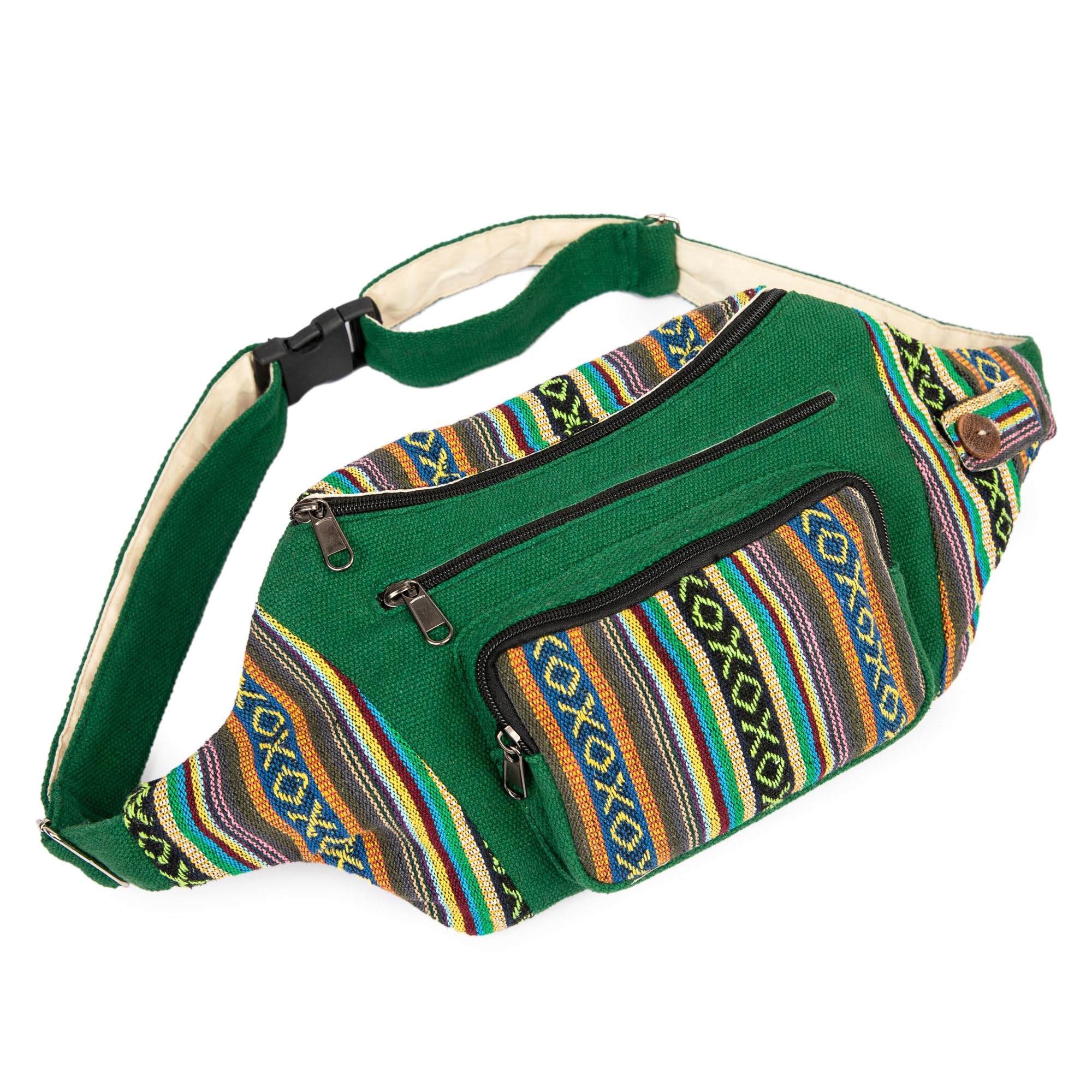 Freakmandu Umweltfreundliche Bauchtasche im Boho-Hippie-Stil, Hanftasche, zum Wandern, Laufen, Joggen, Weiß, Grün mix, Adjustable Size, Hüfttaschen