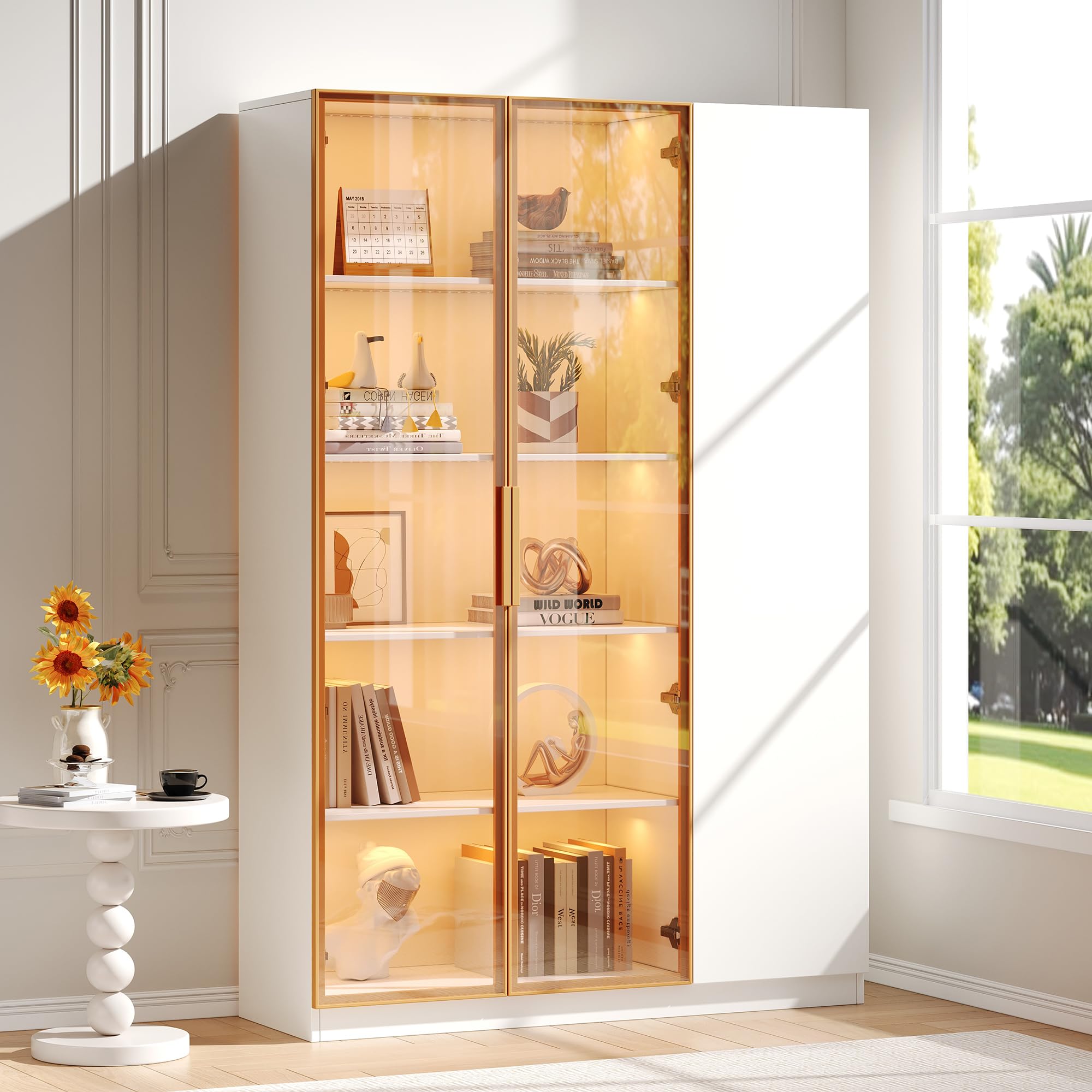 Vitrina de cristal de 165 cm, armario alto, 3 puertas con iluminación LED, multicolor, ajustable, con cristal de seguridad, estantes ajustables y protección antivuelco