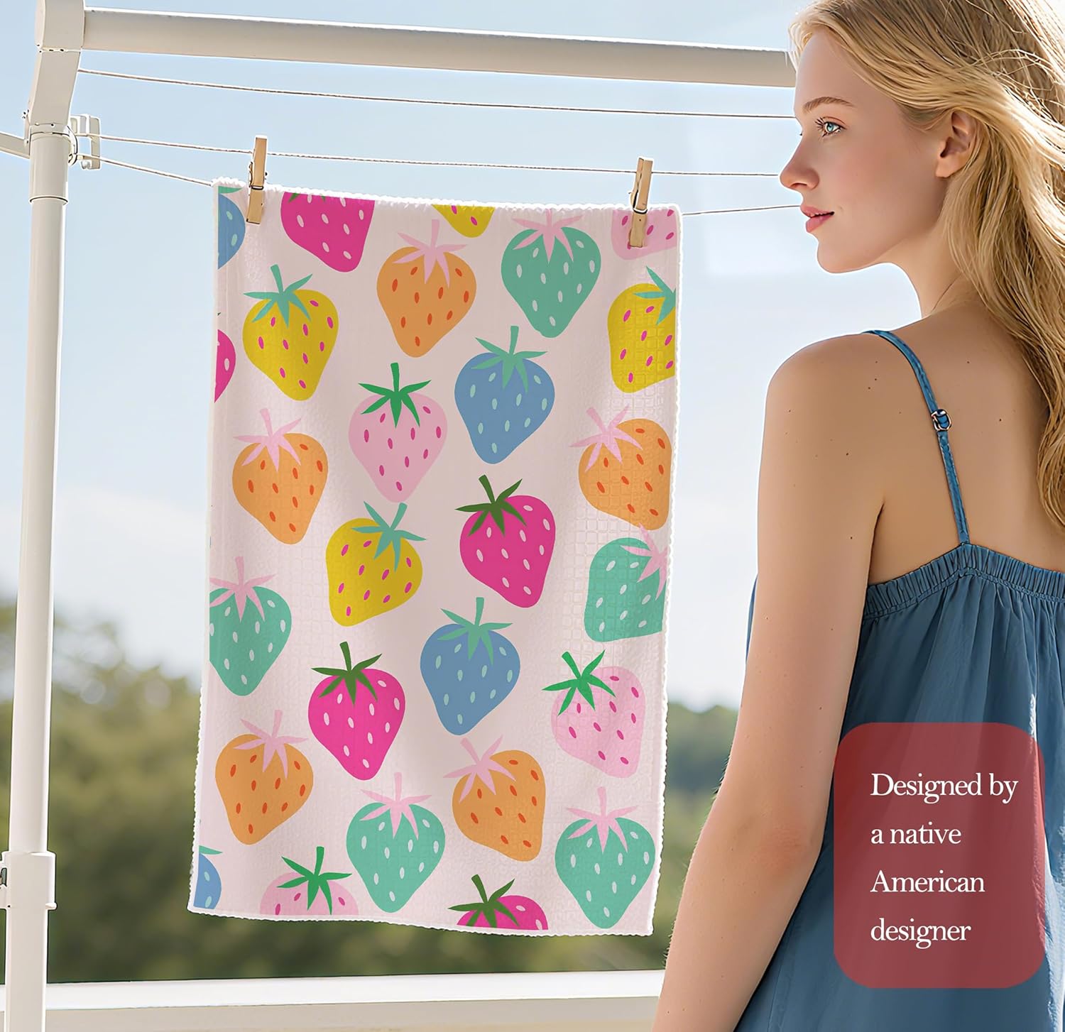 Condition photo showing New/Like New for Strawberry Kitchen & Bath Towels - Colorful Fruit Print Decorative Hand & Dish Towels, Absorbent Cute Tea Towels for Kitchen, Bathroom Decor, Fun Housewarming Gift Idea, 16x24 Inch