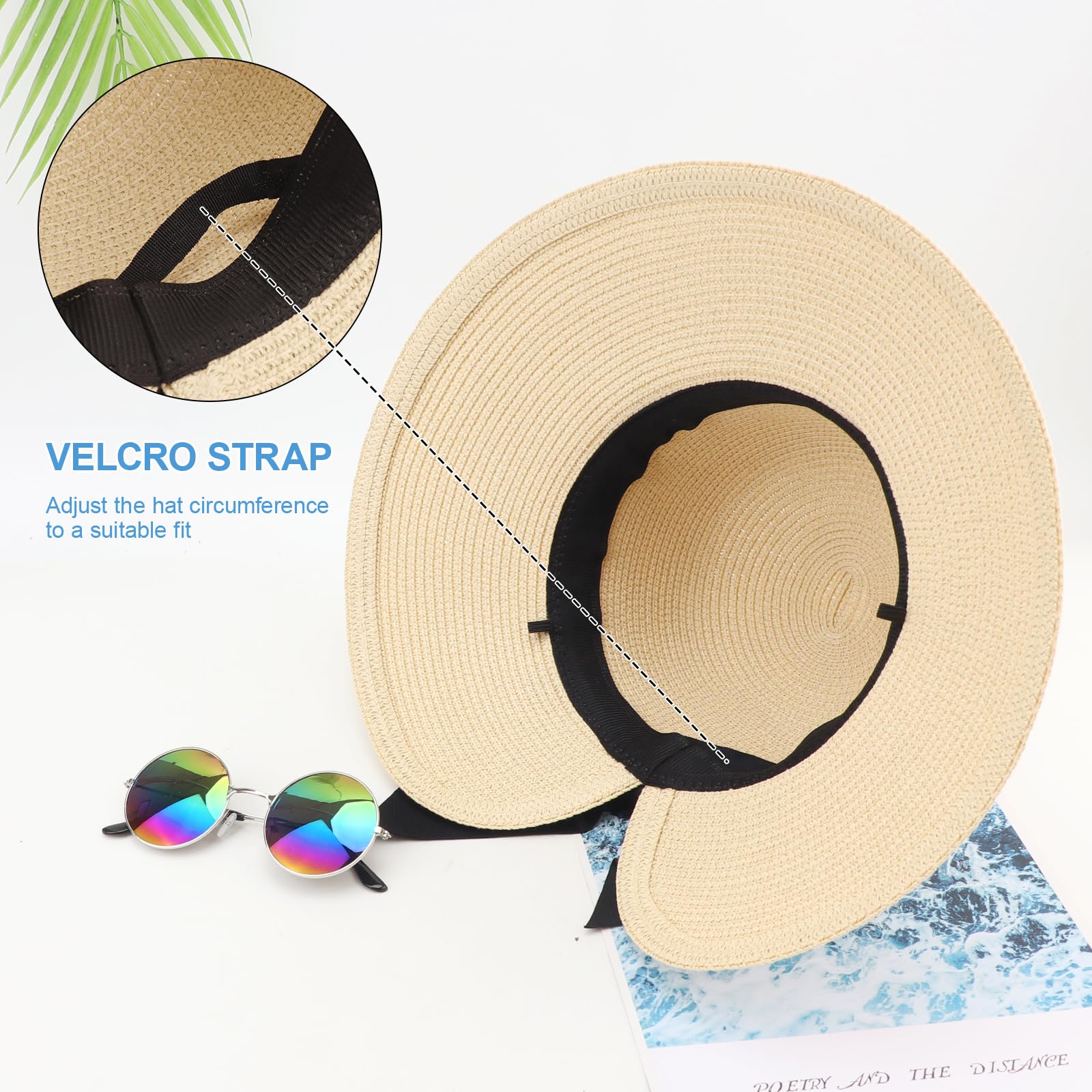 DRESHOW Bowknot Chapeau de Soleil pour Femme Bord Large Chapeau de Soleil de Pplage Pliable pour l'été Chapeau Sarouel en Paille à Large Bord avec Nœud UPF 50+