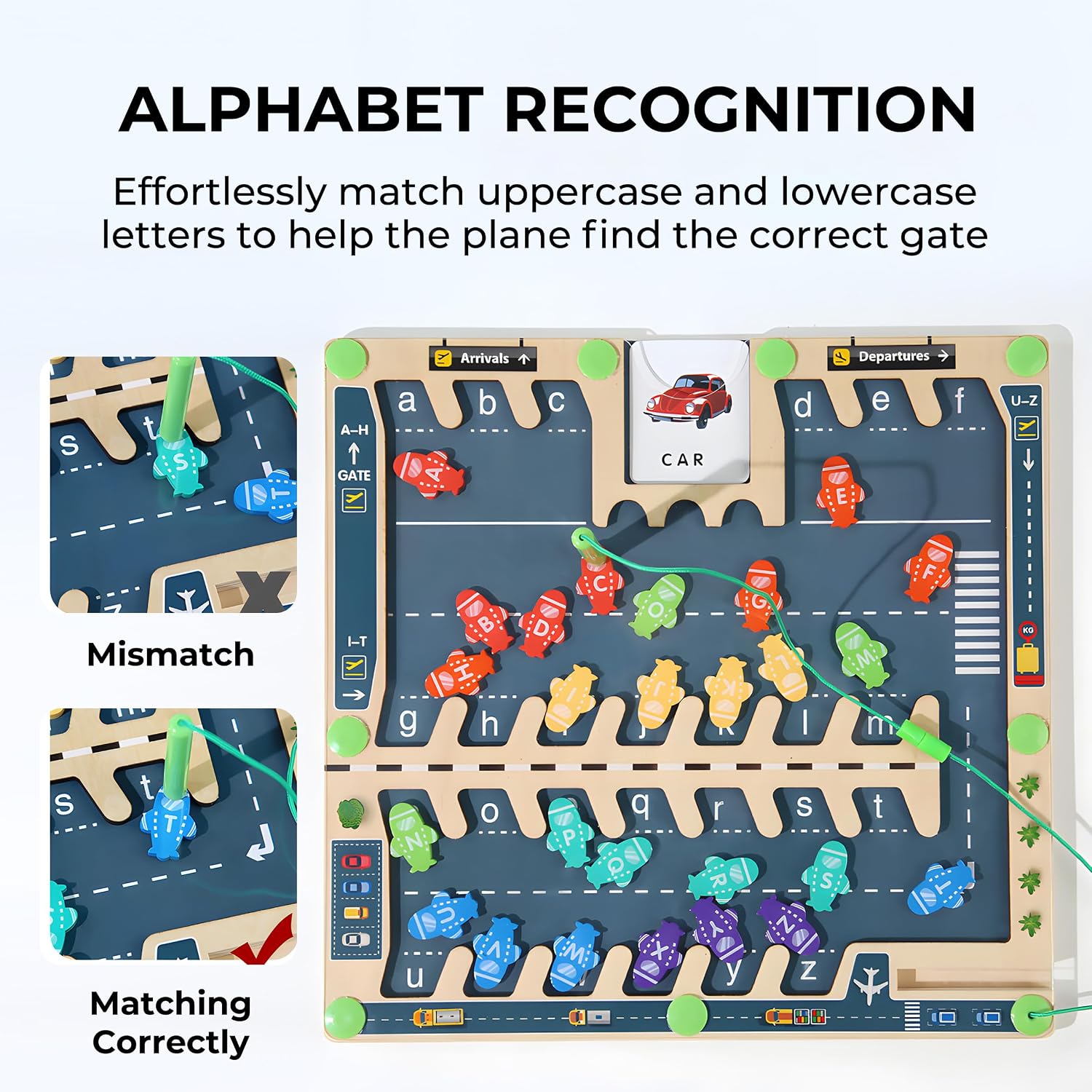 Magnetic Alphabet Maze for Kids Ages 3-5,Wooden Aircraft Montessori Magnet Maze Puzzle Board